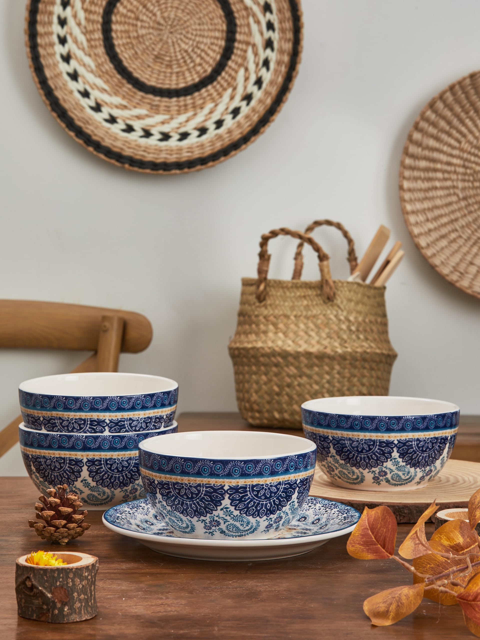 Bico Blue Talavera 26oz Ceramic Cereal Bowls Set of 4 - Microwave & Dishwasher Safe Pasta, Salad, Soup Bowls - Perfect for Breakfast, Dining & Kitchen Decor