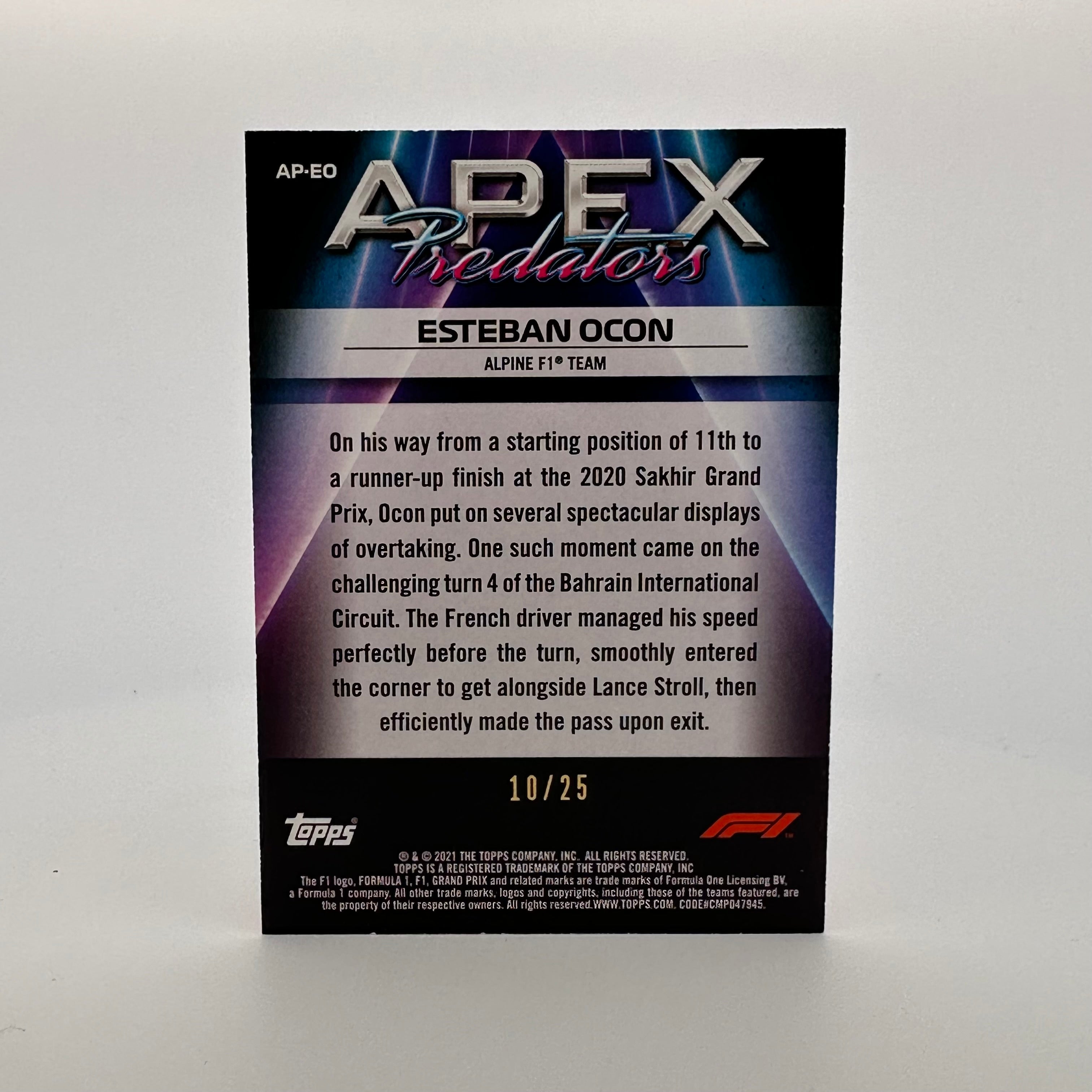 2021 Formula 1 Esteban Ocon #APEO Apex Predators Collectible - 10/25 Orange Limited Edition for Racing Fans & Memorabilia Collectors