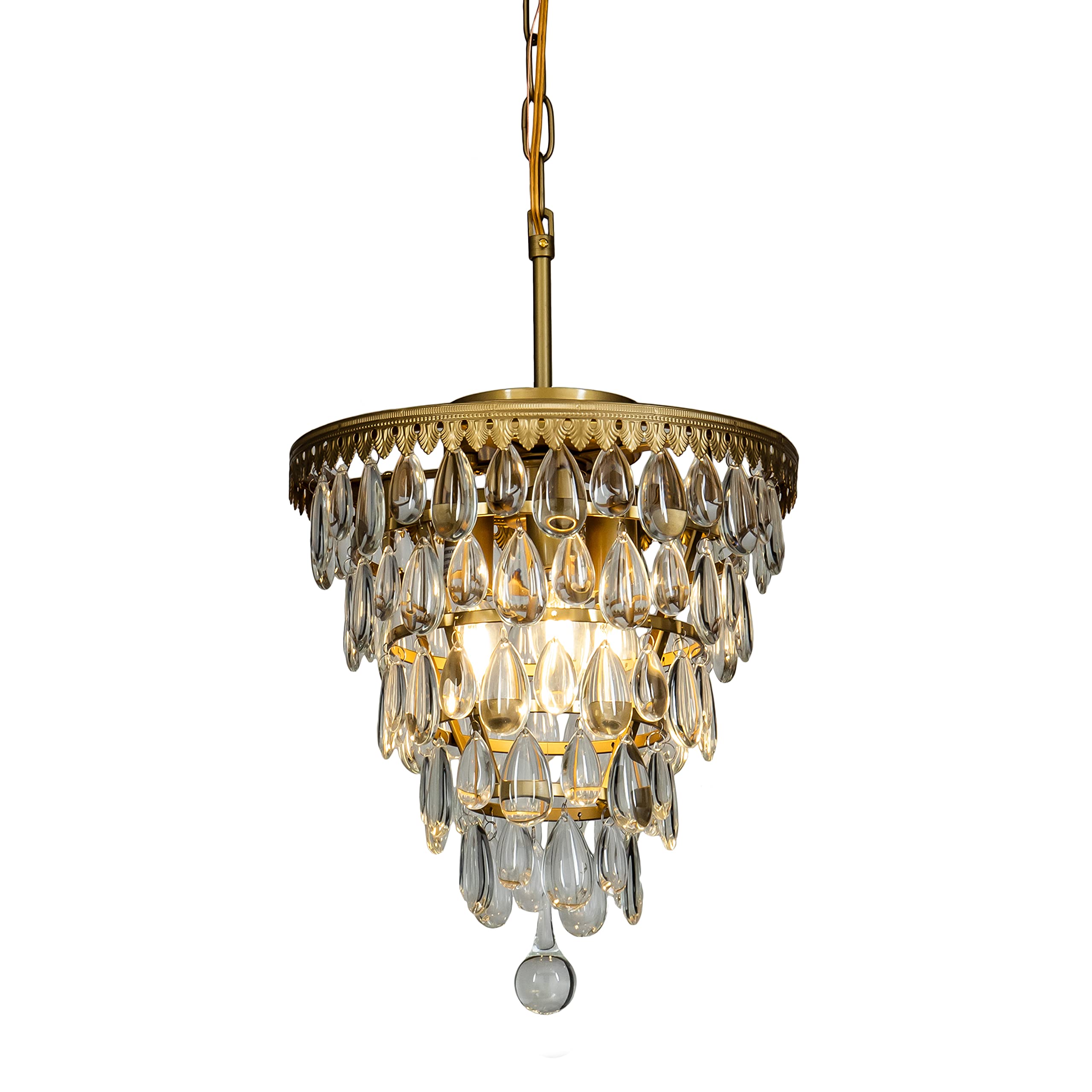 3-Light Modern Gold 5-Tiered Tear Drop Crystal Chandelier - Antique Brass Finish with Raindrop Crystals - 12 Inch Wide - Perfect for Living Room, Dining Room, Bathroom & Bedroom Lighting