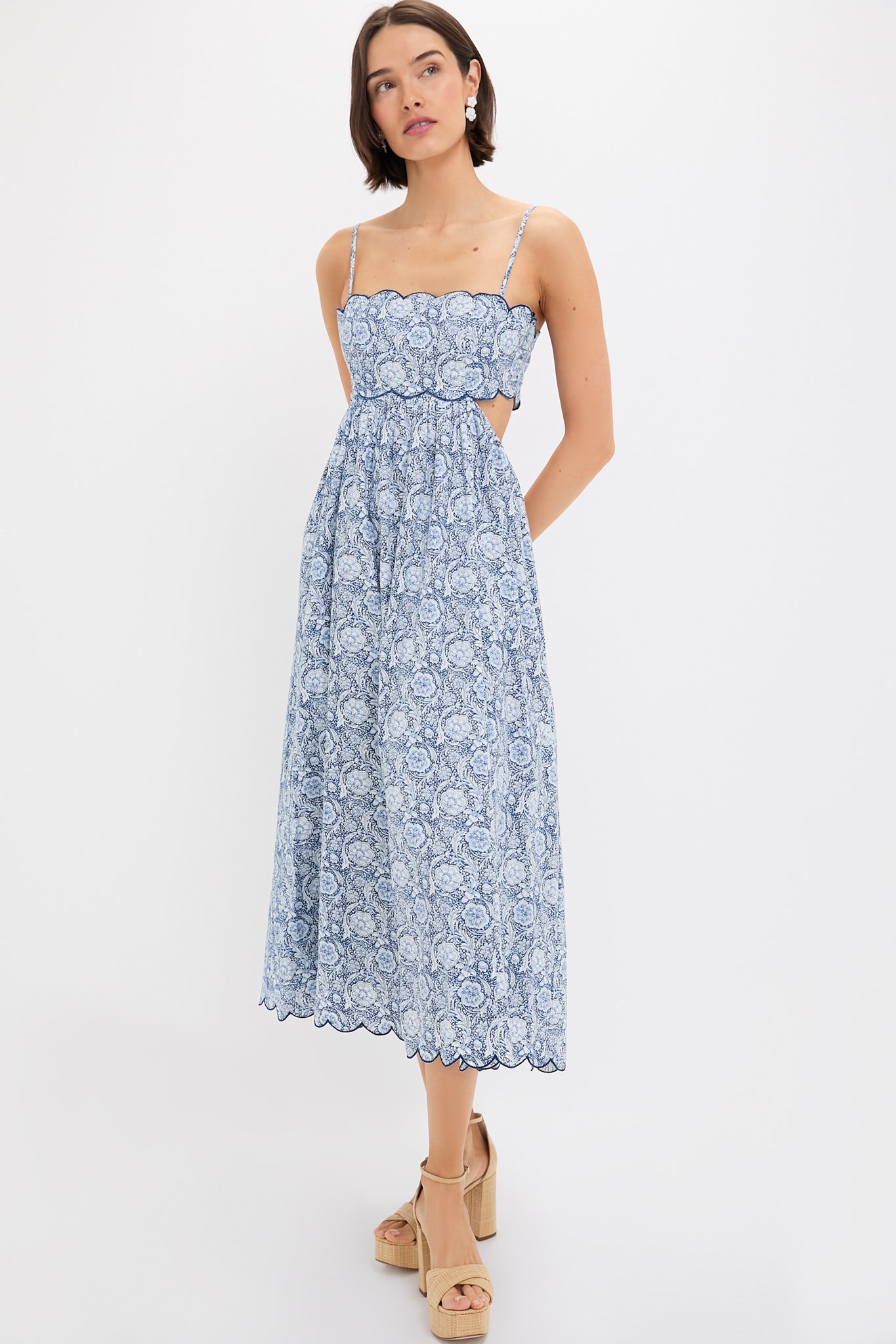Blue Medallion Floral Estelle Scalloped Dress - Elegant Women's Summer Party & Wedding Guest Dress