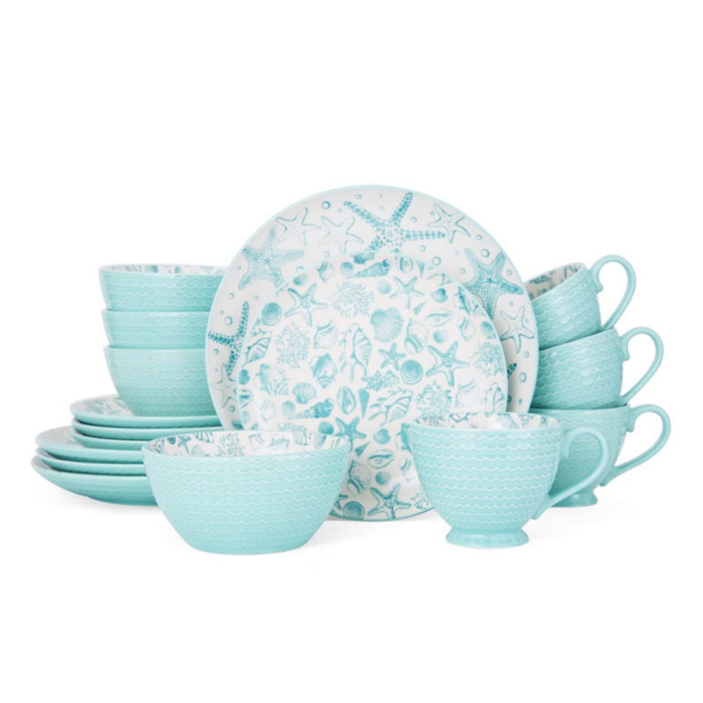 Pfaltzgraff Venice 16-Piece Stoneware Dinnerware Set for 4, Aqua & White - Elegant Dinner Plates, Bowls & Mugs - Perfect for Family Dinners, Entertaining & Everyday Use