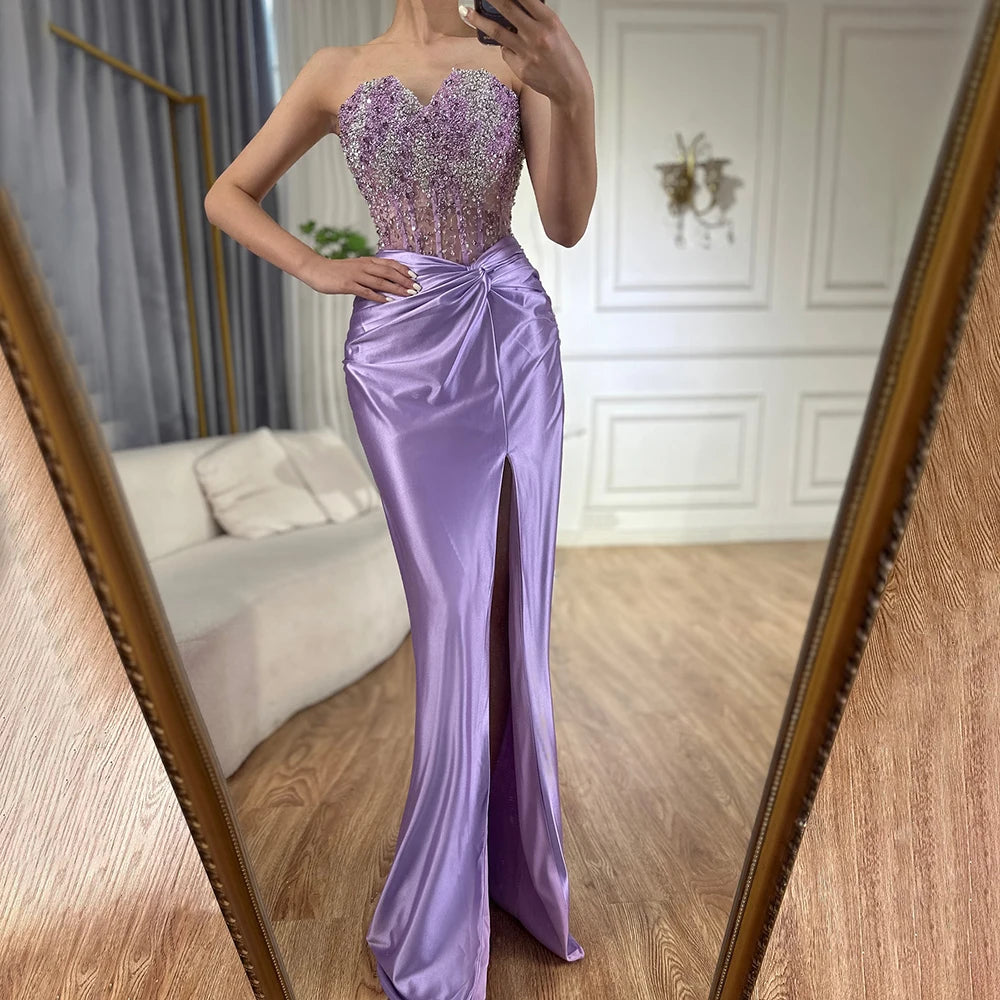 Luxury Dubai Lilac Split Mermaid Beaded Arabic Evening Dress for Women - Elegant Wedding & Party Gown 2025 | Perfect for Bridal Showers, Red Carpet Events & Formal Occasions
