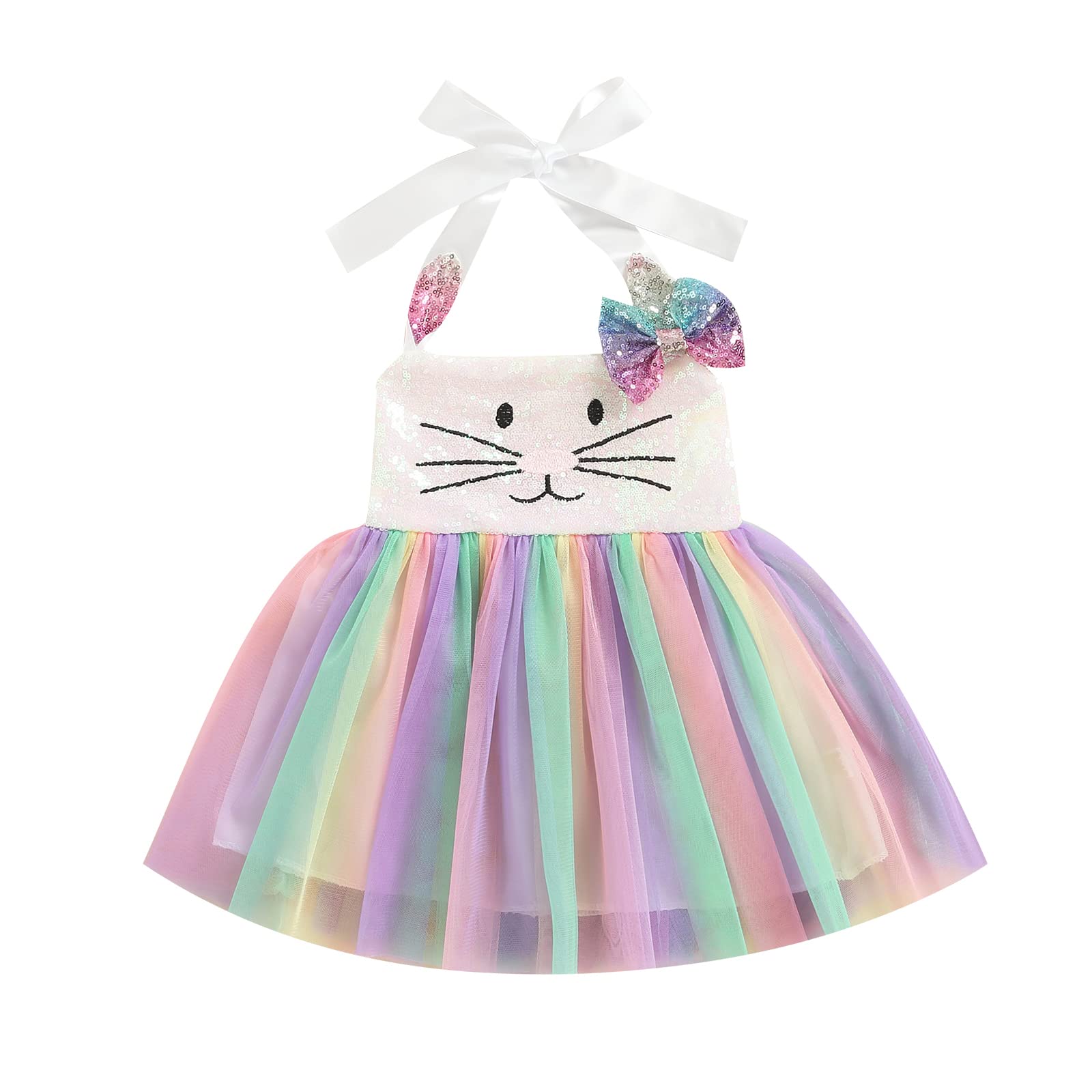 Easter Bunny Floral Lace Princess Dress for Toddler Girls - Rainbow Backless Tulle Tutu with Sequins | Perfect for Easter Celebrations, Spring Photoshoots & Special Occasions
