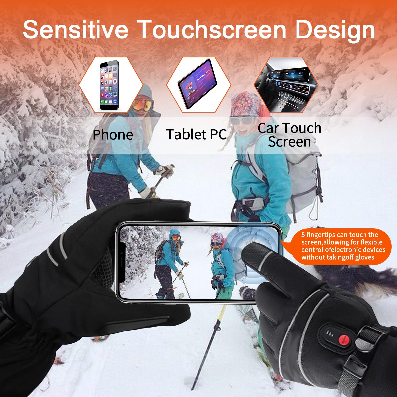 Rechargeable 5000mAh Battery Heated Gloves for Men & Women - Waterproof Electric Ski Gloves with 3 Heating Levels, Touchscreen Compatible Winter Gloves for Skiing, Hunting, Cycling, Motorcycle Riding & Outdoor Activities