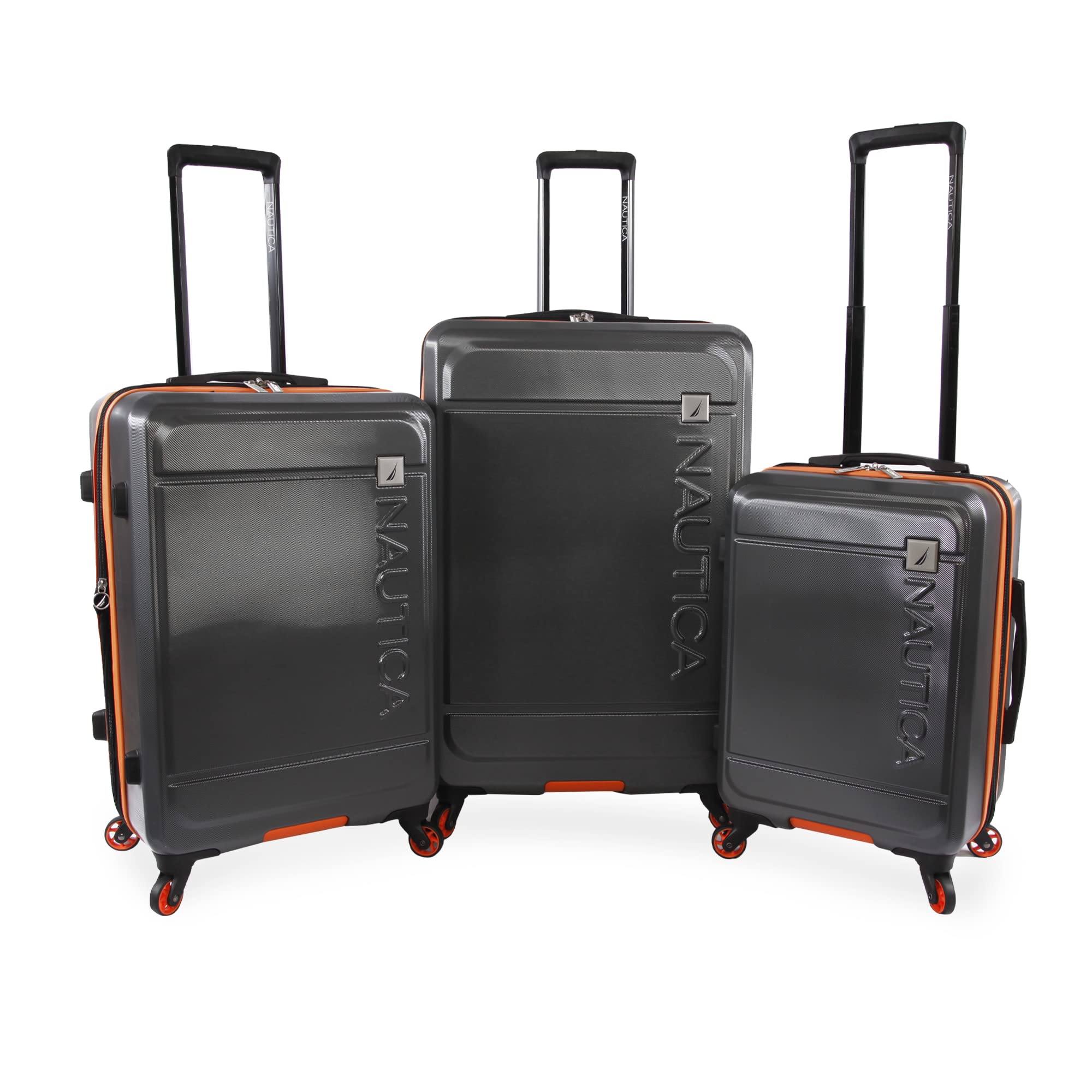 NAUTICA Roadie 3-Piece Hardside Luggage Set in Grey/Orange - Lightweight Spinner Suitcase for Travel, Business Trips & Vacations | Durable Carry-On & Check-In Luggage with 360° Wheels