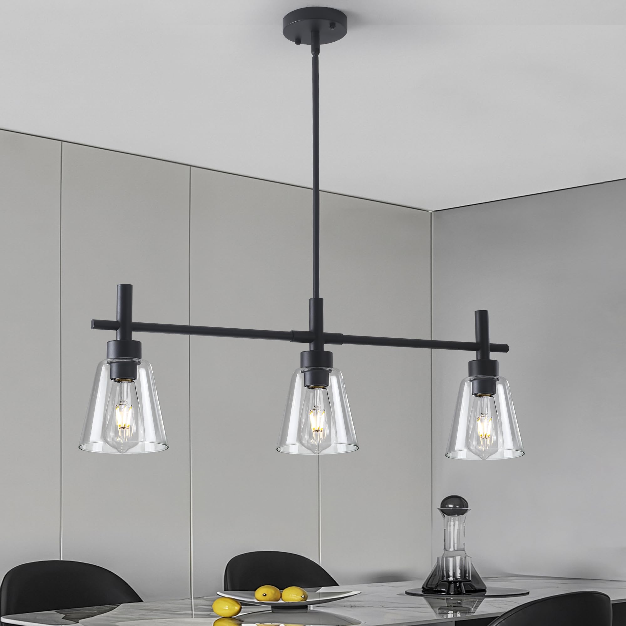 Modern Black Kitchen Island Lighting - 3-Light Adjustable Rectangle Linear Chandelier with Glass Shades, Farmhouse Pendant Light Fixture for Dining Room & Living Room - Perfect for Kitchen Counter, Breakfast Bar and Open Concept Spaces