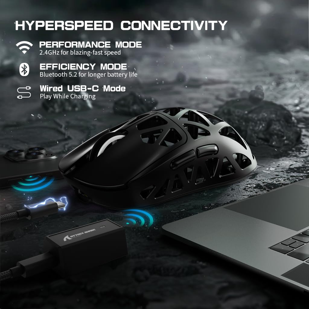 Attack Shark R2PRO 45g Ultra Lightweight Magnesium Alloy Gaming Mouse - PAW3950 Sensor, 42000 DPI, 8000Hz Polling Rate, 2.4G/BT/Wired - Programmable RGB Mouse with Coiled Cable for PC/Mac (Black) - Perfect for FPS, MOBA & Esports Gaming