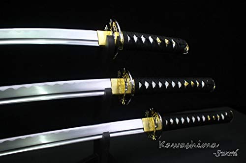 3PCS Hand-Forged 1045 Carbon Steel Samurai Sword Set with Bamboo Tsuba & Display Stand - Authentic Japanese Katana for Home Decor, Martial Arts Training, Cosplay, and Collectors