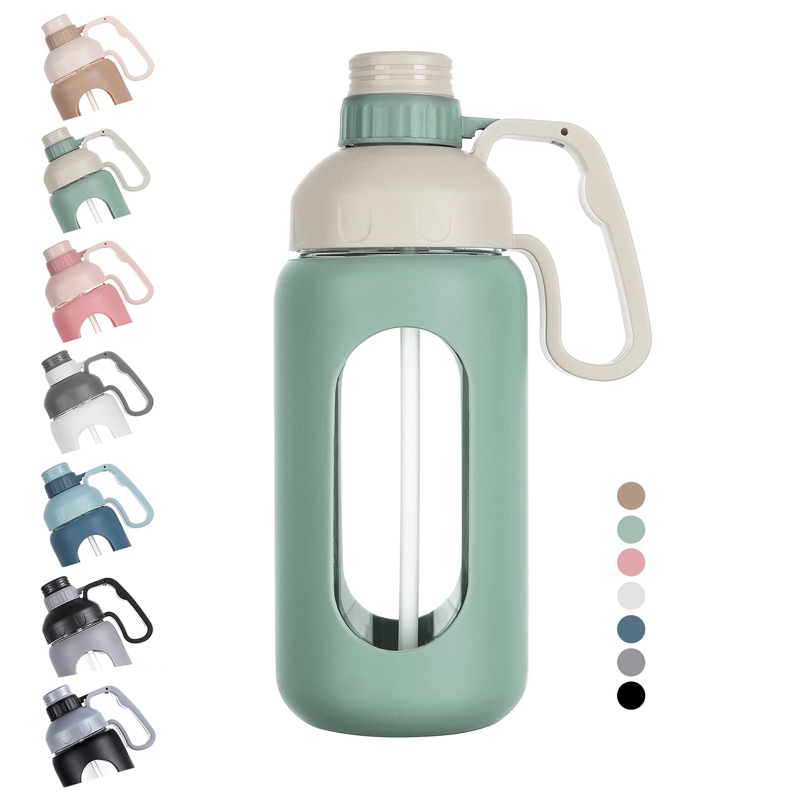 MUKOKO 42oz Glass Water Bottle with Straw & Handle - BPA Free Leakproof for Gym, Hiking, Office