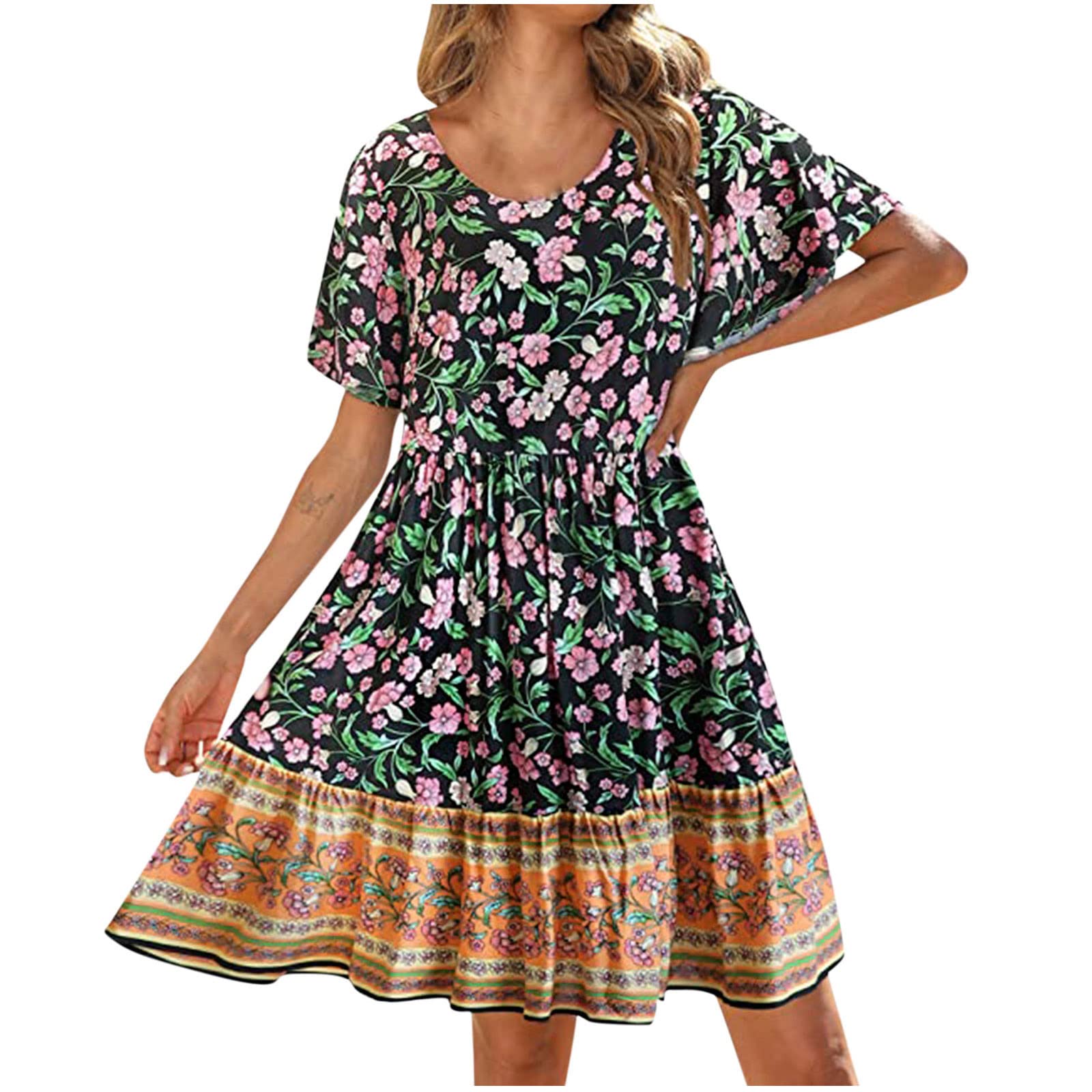 Boho Floral Print Mini Dress for Women - Short Sleeve High Waist Summer Swing Dress - Perfect for Beach Vacation, Music Festival & Casual Outings