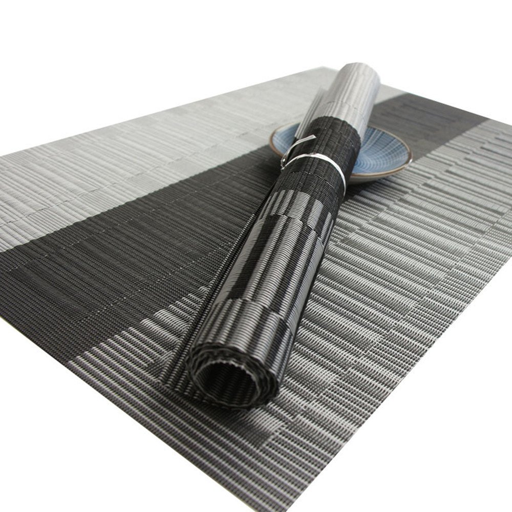 Premium PVC Placemats Set of 6 - Heat-Resistant Woven Vinyl Table Mats for Dining, Kitchen & Office - Stylish Grey & Black Home Decor Accessories - Perfect for Everyday Meals, Dinner Parties & Holiday Gatherings