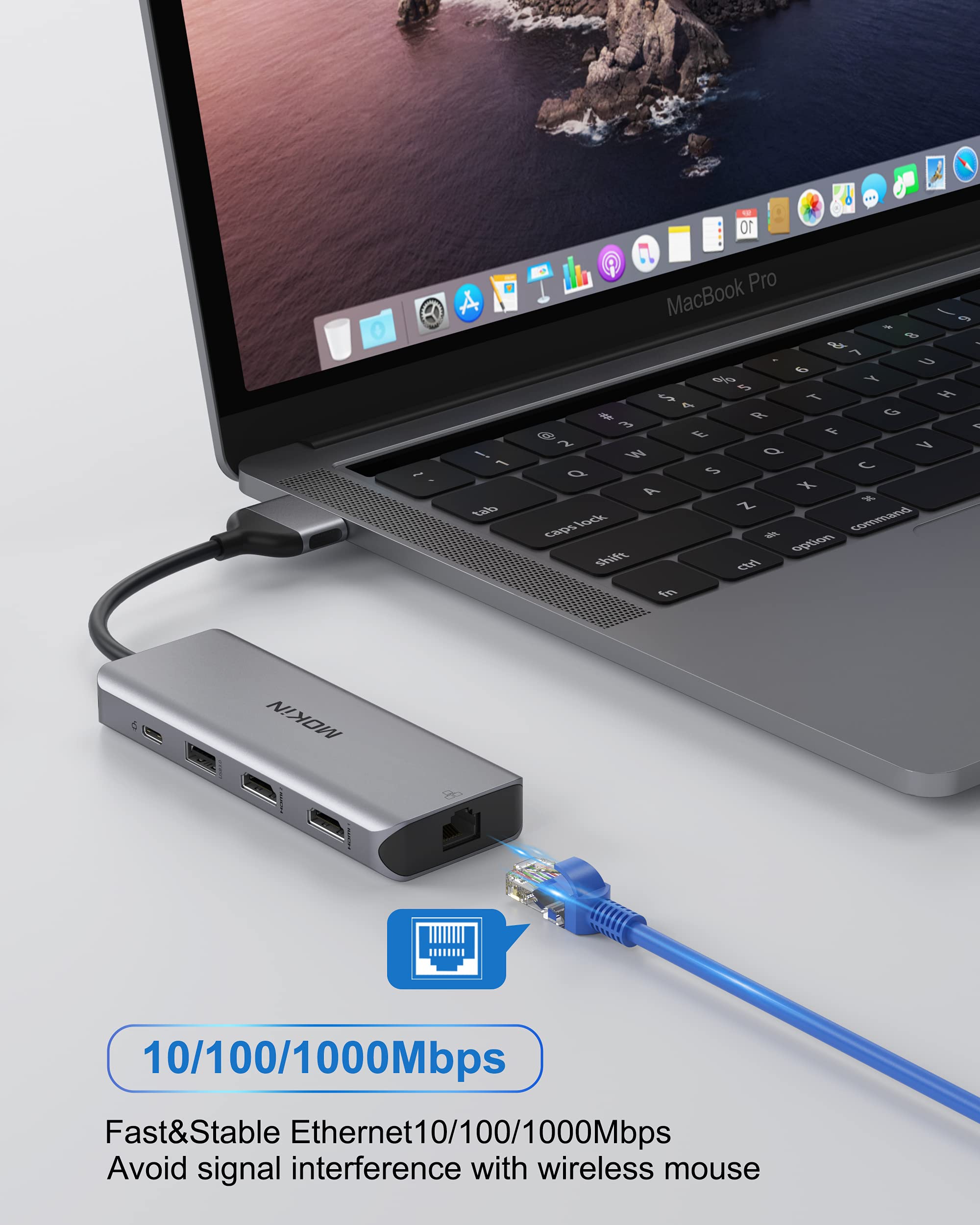 9-in-1 USB C Hub for MacBook Pro/Air - Dual HDMI 4K Adapter, 100W PD Charging, Ethernet, 3 USB Ports, SD/TF Card Reader - Perfect for Home Office, Video Editing & Multi-Monitor Setup