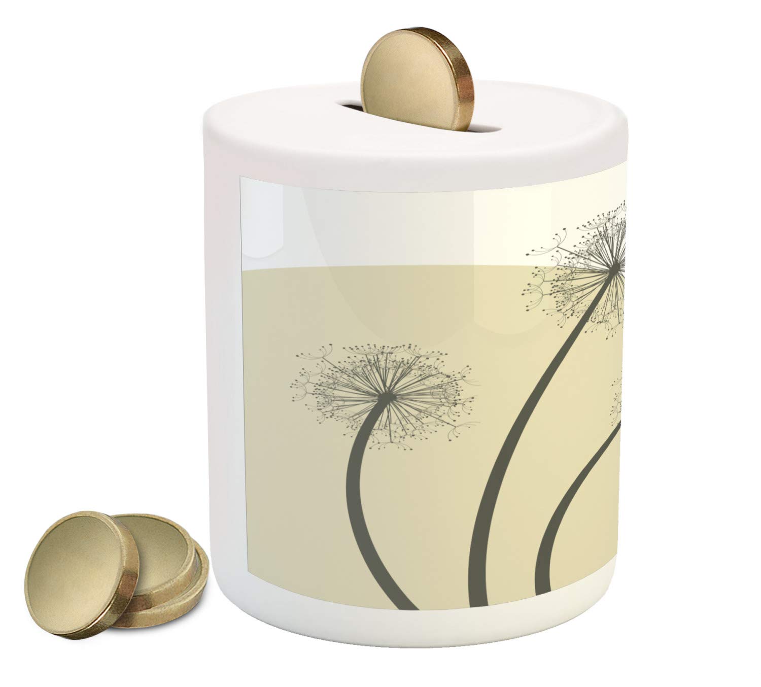 Ambesonne Dragonfly Ceramic Piggy Bank with Spring Dandelion Design - Nature Inspired Money Box for Cash Savings (Tan Army Green) - Perfect Gift for Kids, Home Decor & Coin Collection