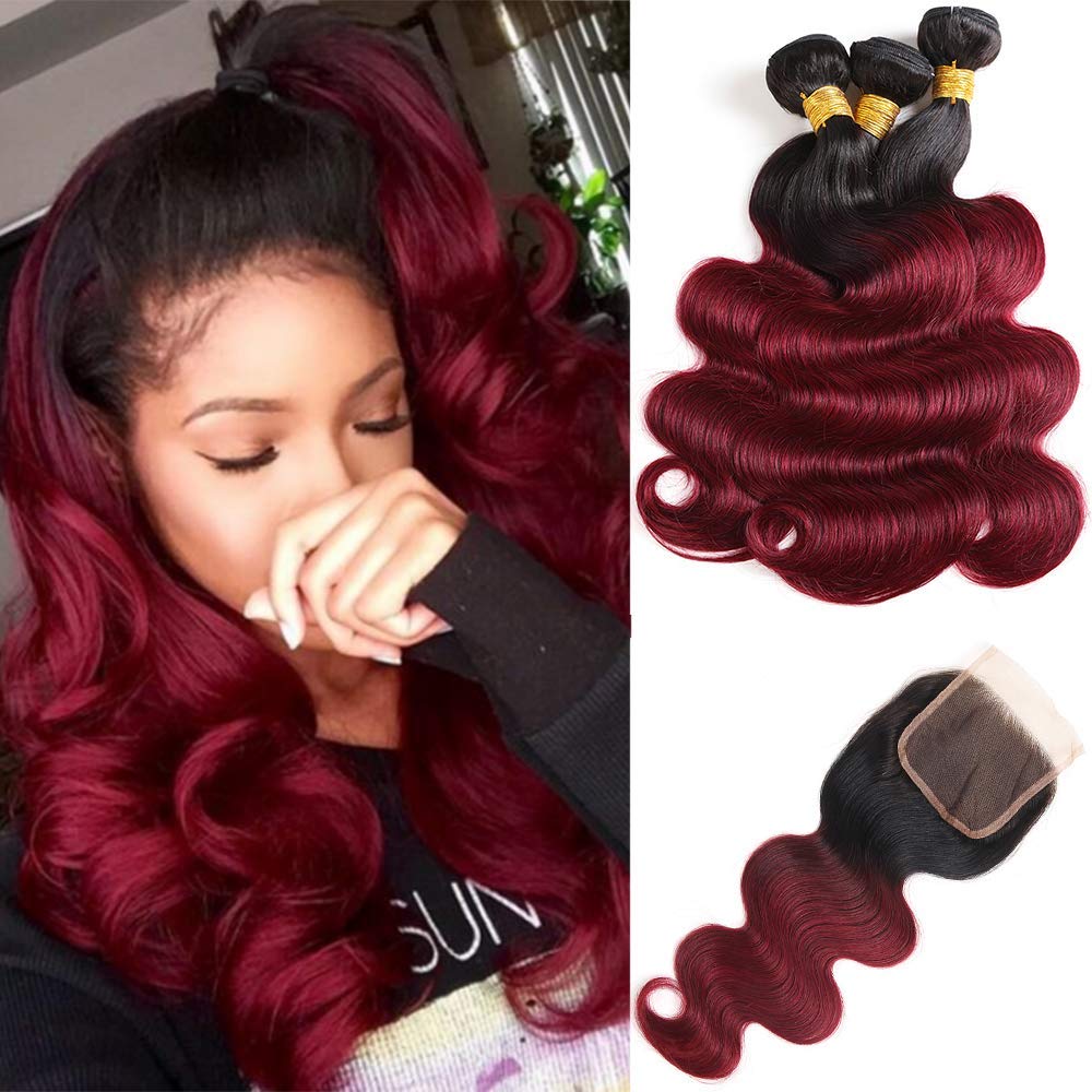1B/99J Burgundy Ombre Straight Human Hair Bundles with 4x4 Lace Closure - 100% Brazilian Virgin Hair Extensions (10