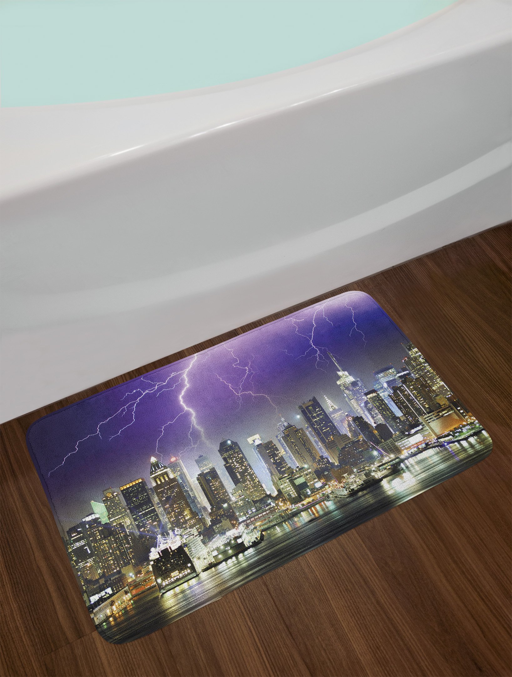 Ambesonne Non-Slip Plush Bath Mat - Apocalyptic New York City Storm & Thunder Night Scene, 30.2 x 20 Inches, Charcoal Grey Indigo - Soft Bathroom Rug for Modern Home Decor, Perfect for Bathrooms & Spa Areas
