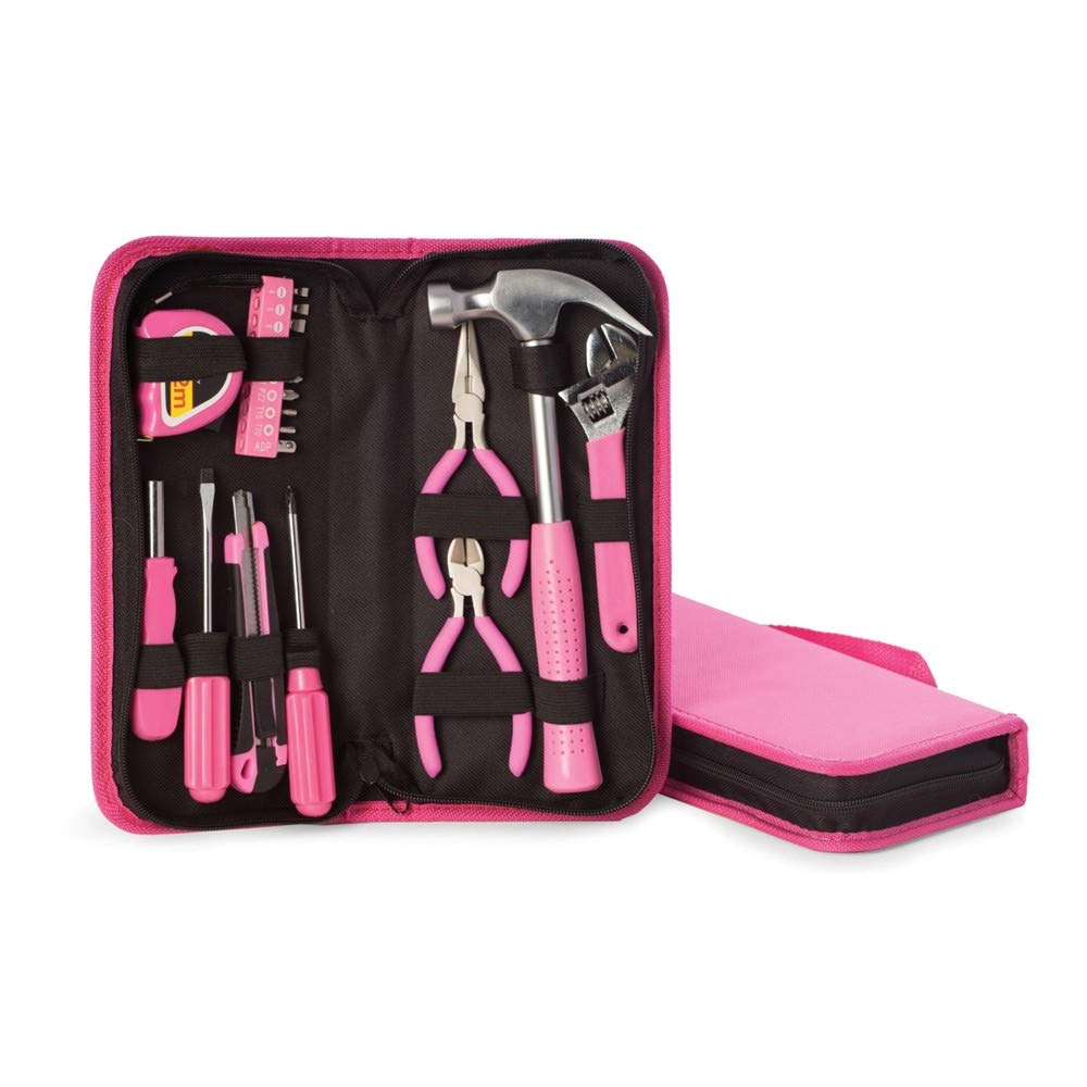 Diamond2Deal 20-Piece Pink Tool Set for Women - Compact Canvas Storage Case | Perfect for DIY Projects, Home Repairs & Gift Ideas