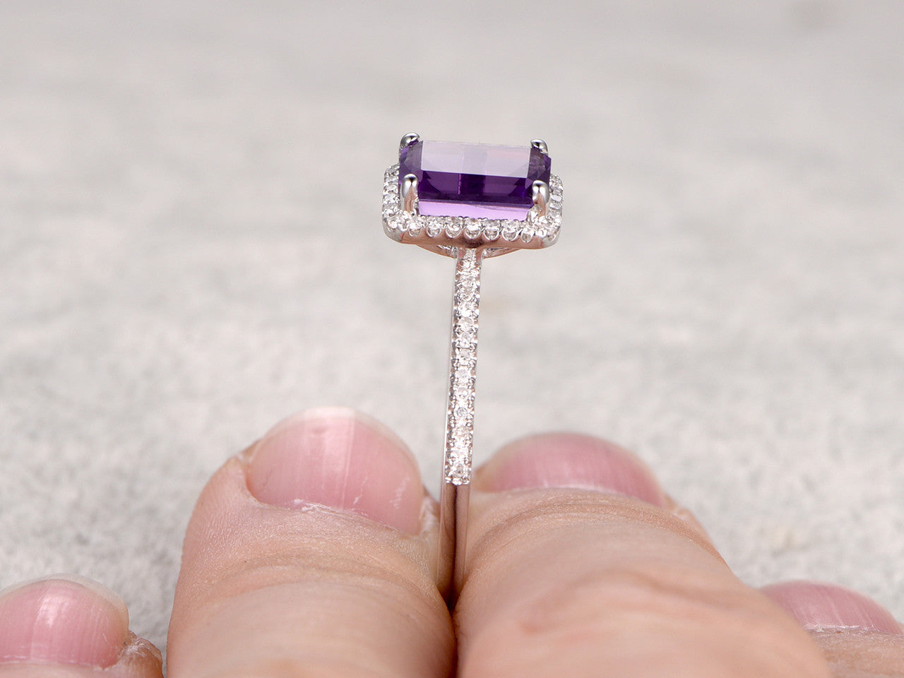 Natural 6x8mm Emerald Cut Amethyst Engagement Ring - 14k White Gold Halo Prong Set with Diamonds | Elegant Wedding Band for Brides, Anniversary Gift & Romantic Proposal Jewelry