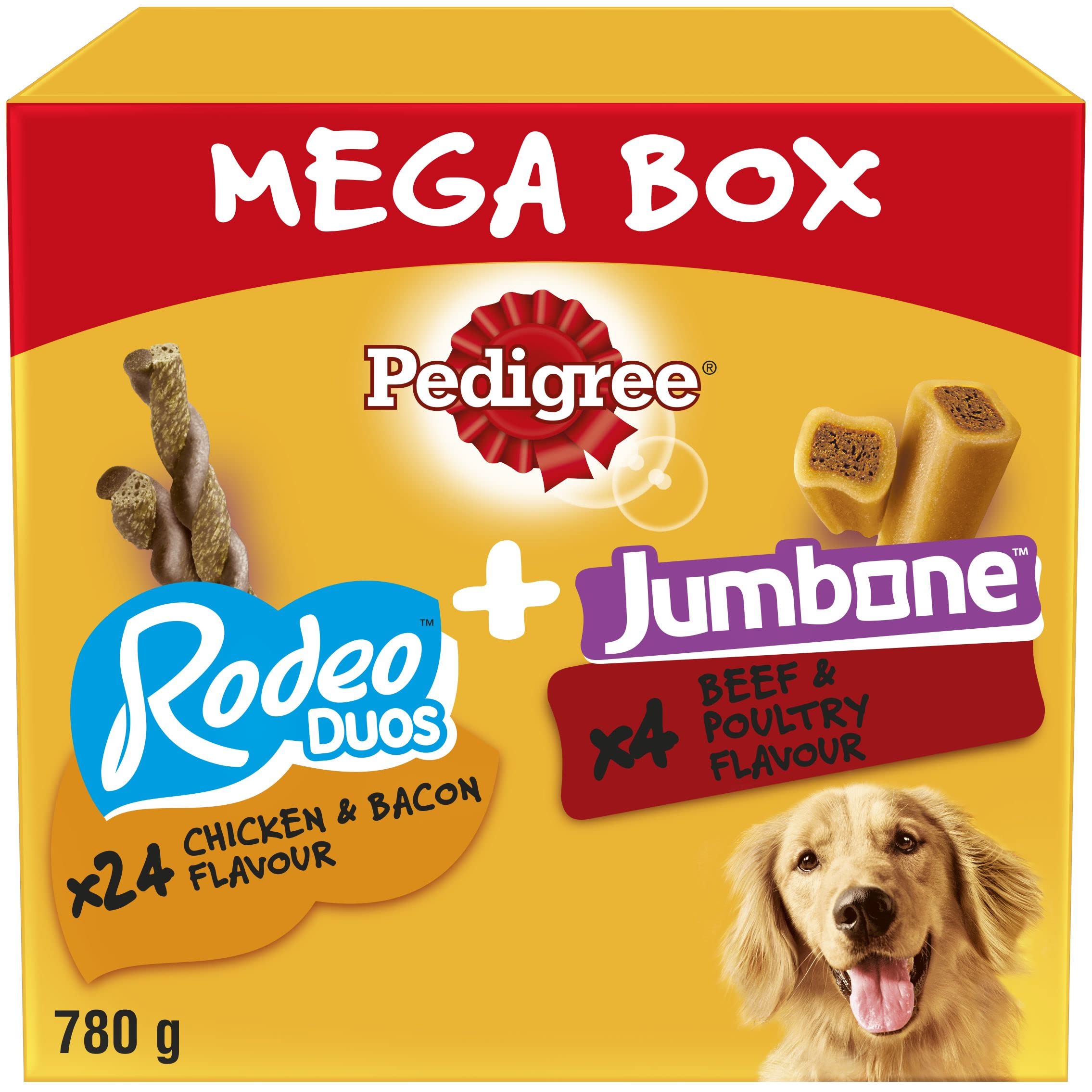 Pedigree Dog Treats Mega Box - 24 Rodeo Duos Chicken & Bacon + 4 Jumbone Beef & Poultry Flavor Snacks for Large & Small Dogs | Training Rewards, Chewing Fun & Daily Treats