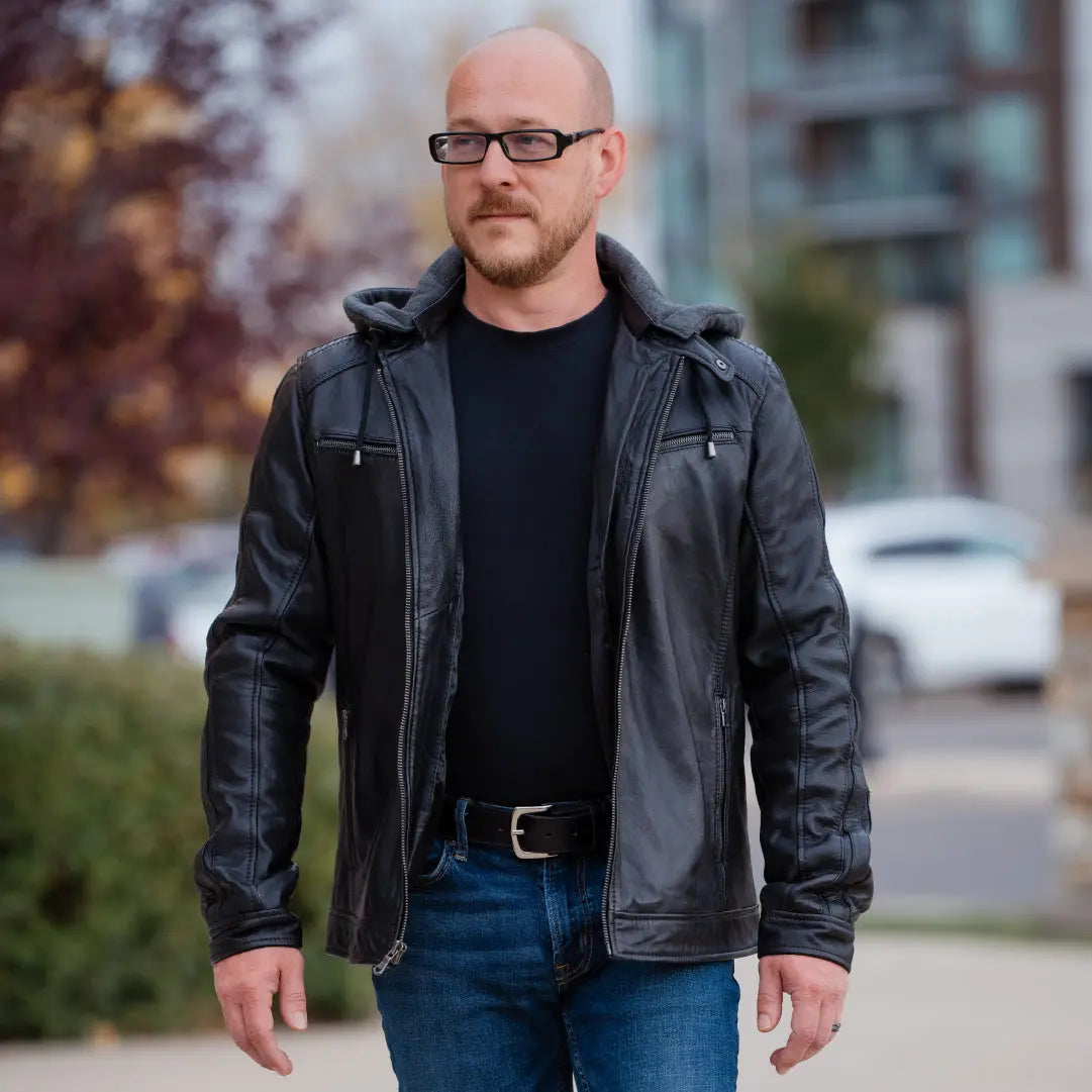 BOL Men's Hooded Snap Collar Leather Jacket - Stylish & Durable Motorcycle Jacket for Riding, Casual Wear & Outdoor Adventures