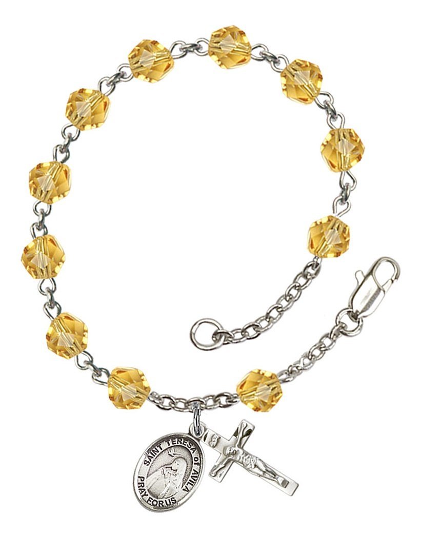 November Birthstone Beaded Rosary Bracelet with St. Teresa of Avila Charm - 7.5 Inch Catholic Jewelry for Prayer & Spiritual Gifts | Perfect for Baptism, First Communion & Faith-Based Occasions