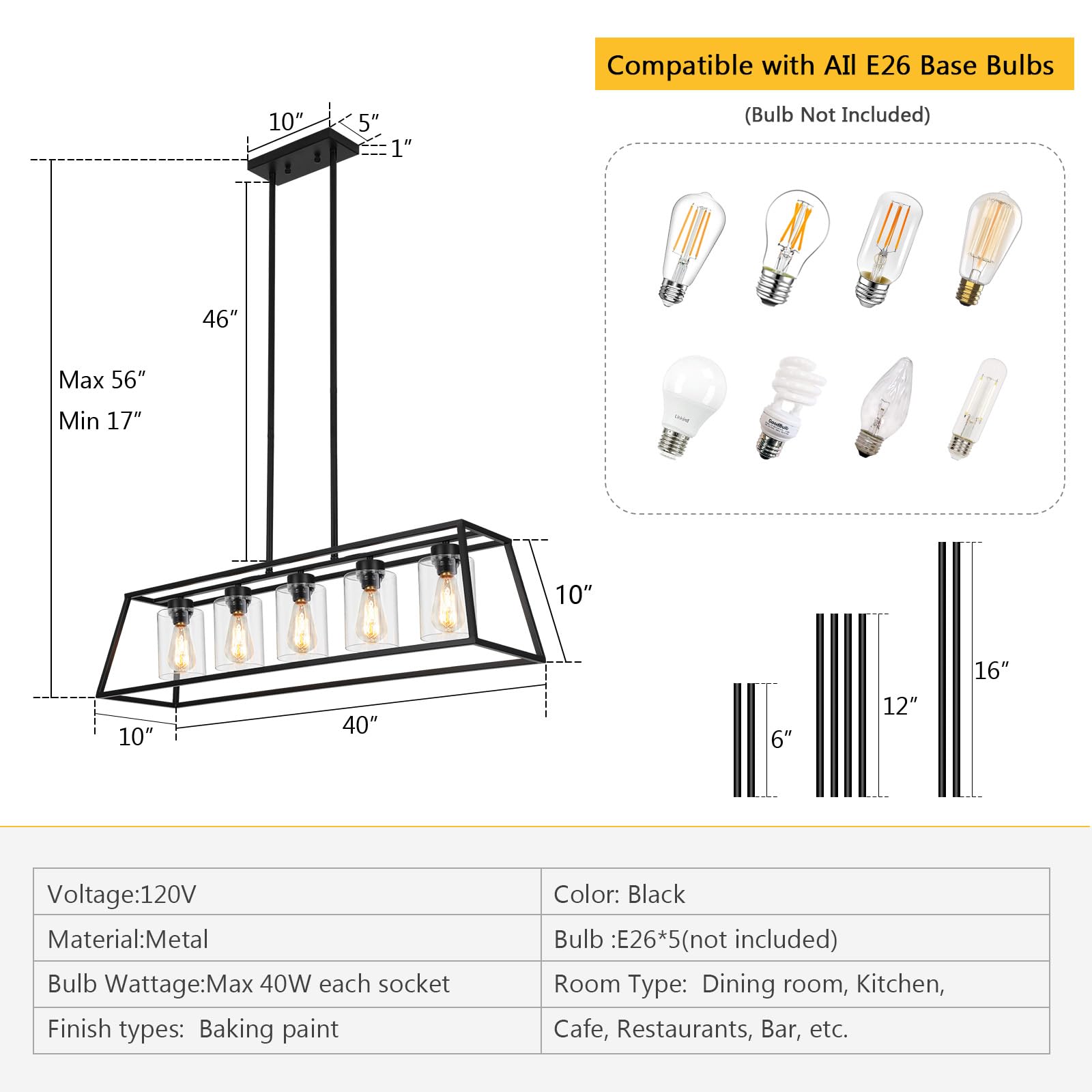 5-Light Black Farmhouse Chandelier for Kitchen Island & Dining Room - Rectangle Pendant Lighting with Clear Glass Cylinders - Perfect for Kitchen Counter, Breakfast Nook & Farmhouse Dining Areas