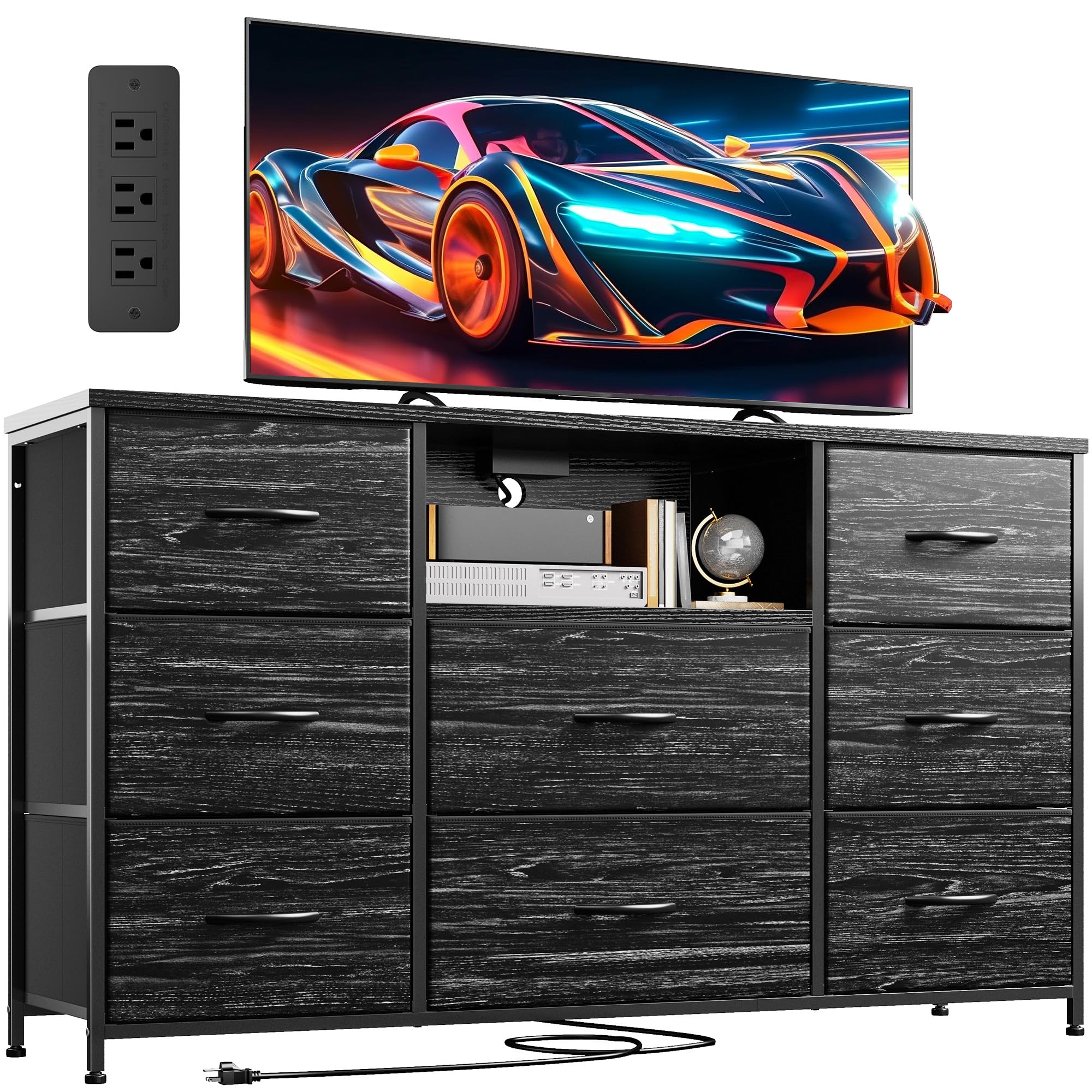 EnHomee 8-Drawer Black Dresser with Built-in Power Outlets - Sturdy TV Stand for 55