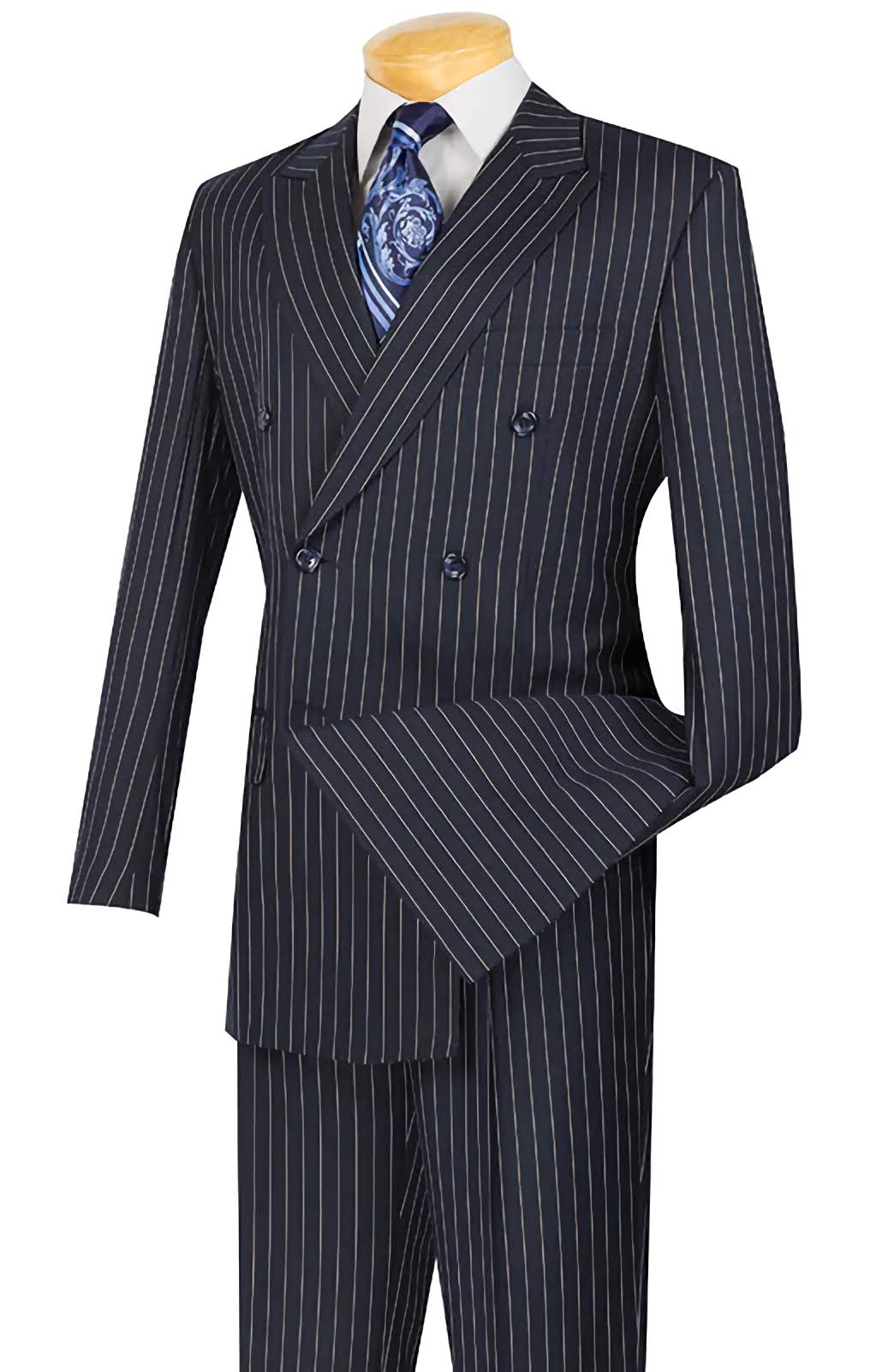 Rockefeller Collection Men's Navy Blue Double Breasted Striped Suit - 2 Piece Regular Fit Business Attire for Weddings, Office & Formal Events