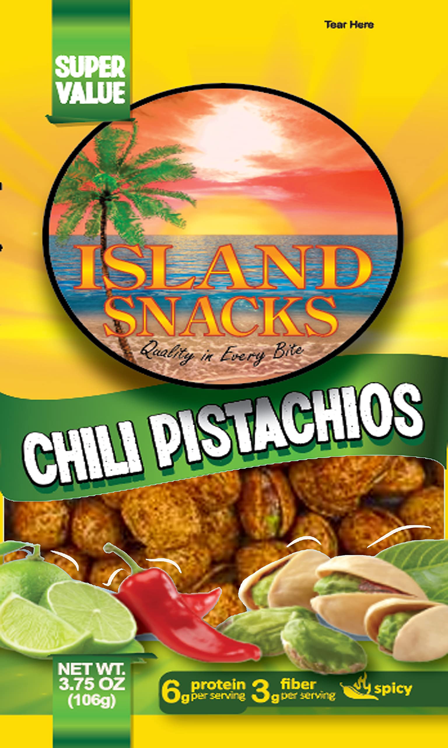 Premium Chile Lemon Pistachios - Island Snacks, 3.75oz (6 Pack) | Spicy & Tangy Flavor | Perfect for Parties, Movie Nights & Healthy Snacking