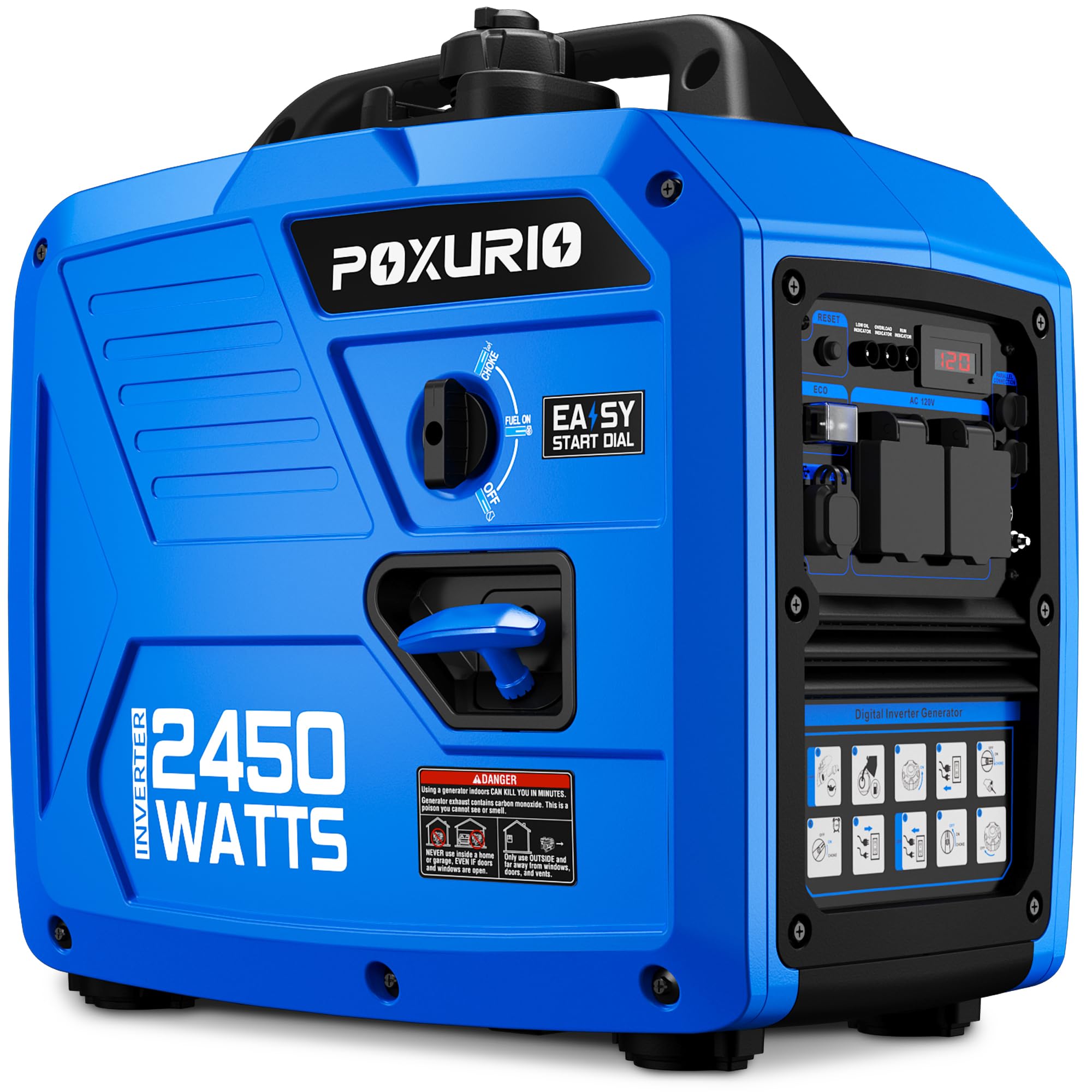 2450W Portable Inverter Generator - Ultra Quiet Gas Powered Generator with 1.6 Gallon Fuel Tank (8.3H Runtime) | 120V EPA Compliant for Camping, RV Trips & Emergency Home Backup Power