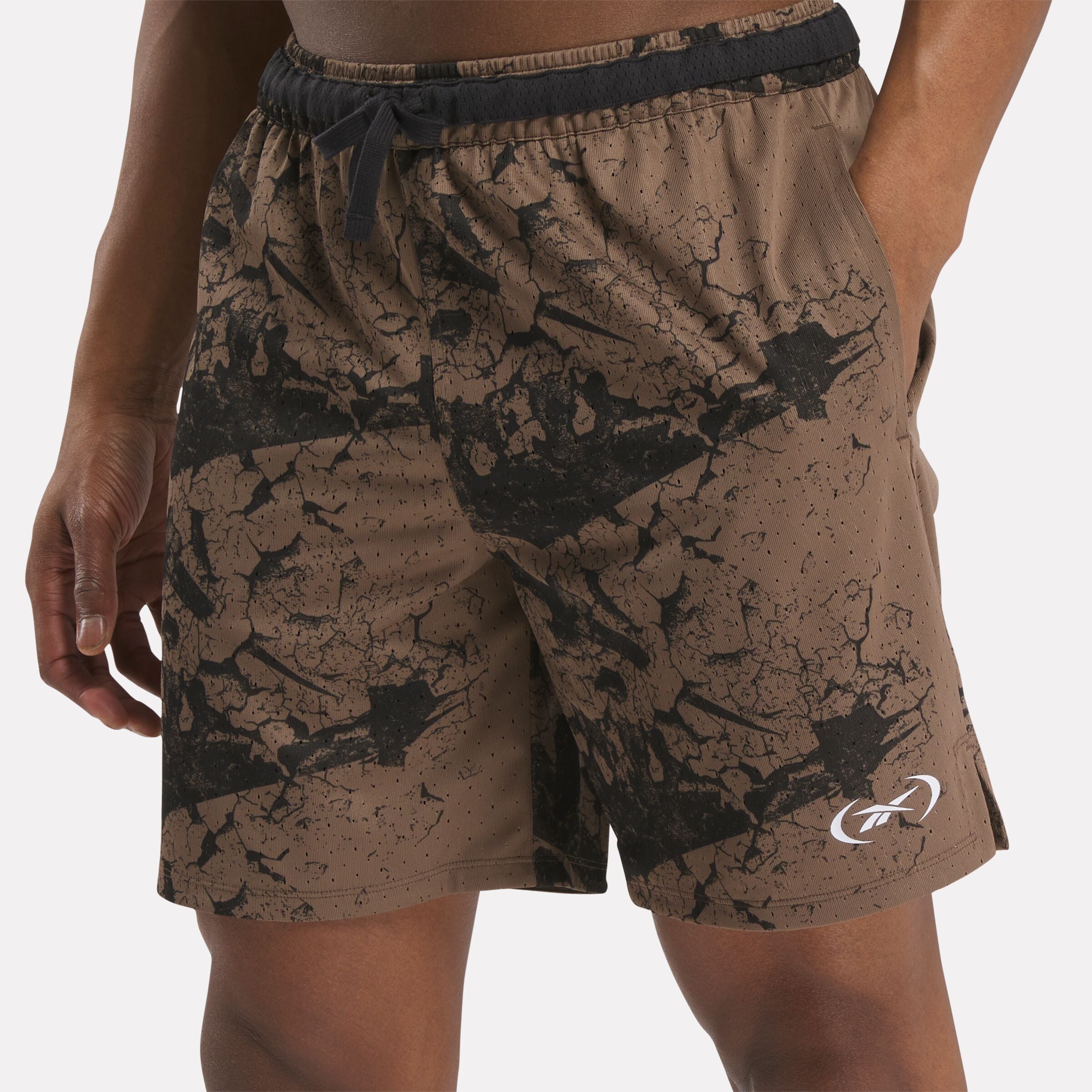 Reebok Men's Basketball Shorts - Allover Print Transition Design, Utility Brown - Perfect for Gym, Training & Casual Wear