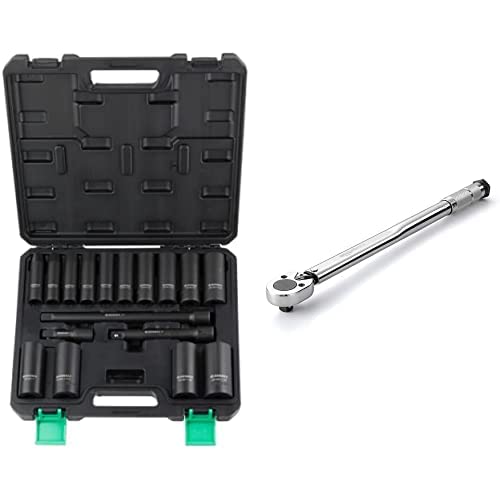 Denali 17-Piece 1/2-Inch Drive 6-Point Deep Impact Socket Set - SAE Sizes with Durable Carrying Case & Amazon Basics 1/2-Inch Drive Click Torque Wrench (25-250 ft-lb, 33.9-338.9 Nm) - Heavy-Duty Automotive Tool Kit for Mechanics, DIY Repairs, and Truck Maintenance