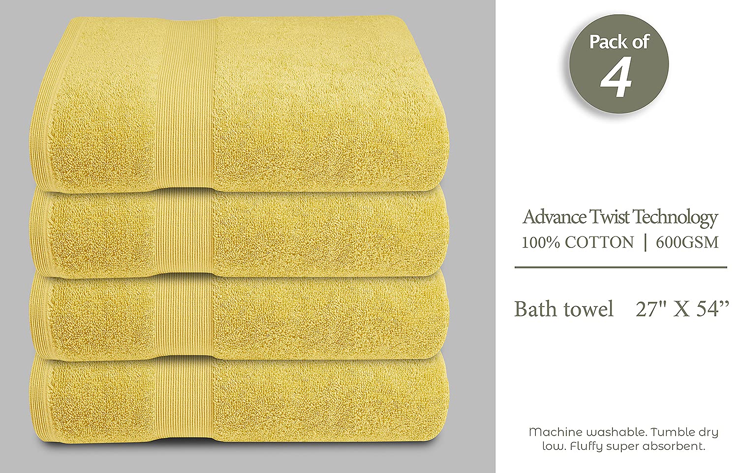 Softolle 100% Cotton Luxury Bath Towels Set of 4 - Ultra Soft & Absorbent 27x54 Inch Bathroom Towels - Eco-Friendly, Hypoallergenic - Perfect for Spa, Hotel & Home Use (Yellow)