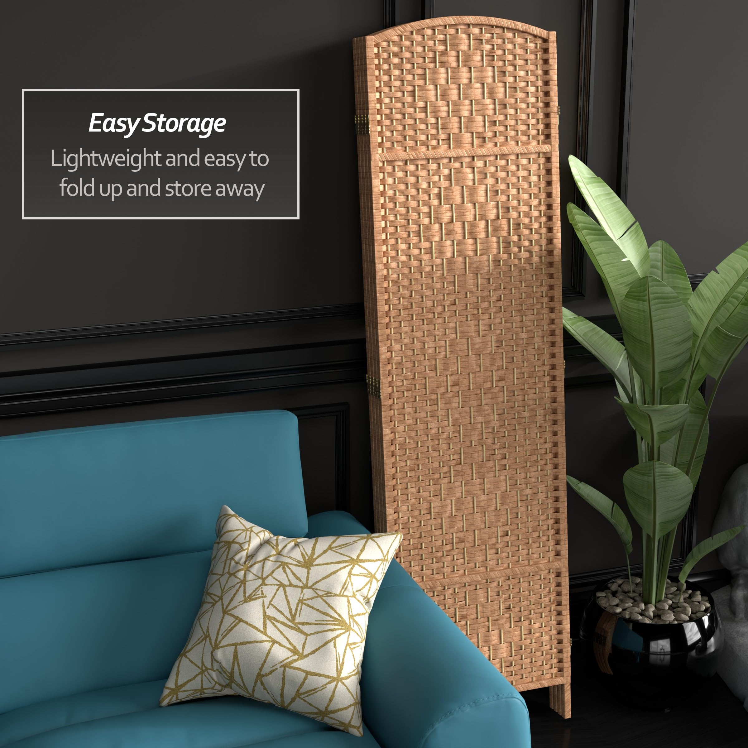 6 ft. Tall Red Diamond Weave Fiber Room Divider - Natural 4-Panel Folding Screen for Home, Office, and Outdoor Privacy Partition