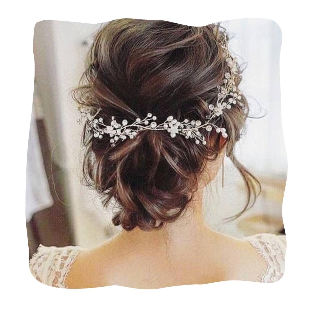 Bride Pearl Hair Vine - Silver Rhinestone Headpiece for Wedding & Bridal - Perfect for Boho & Vintage Styles