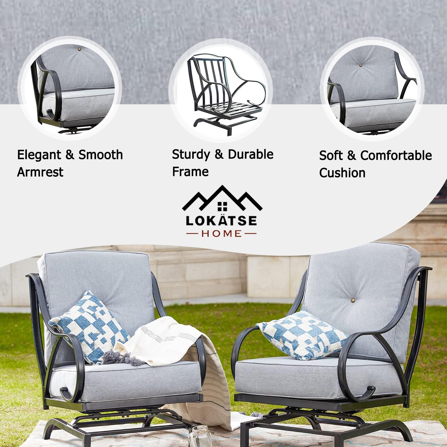 LOKATSE HOME 2-Piece Outdoor Patio Dining Chairs Set - Grey Metal Bistro Chairs with Cushions for Garden, Balcony, and Backyard Relaxation