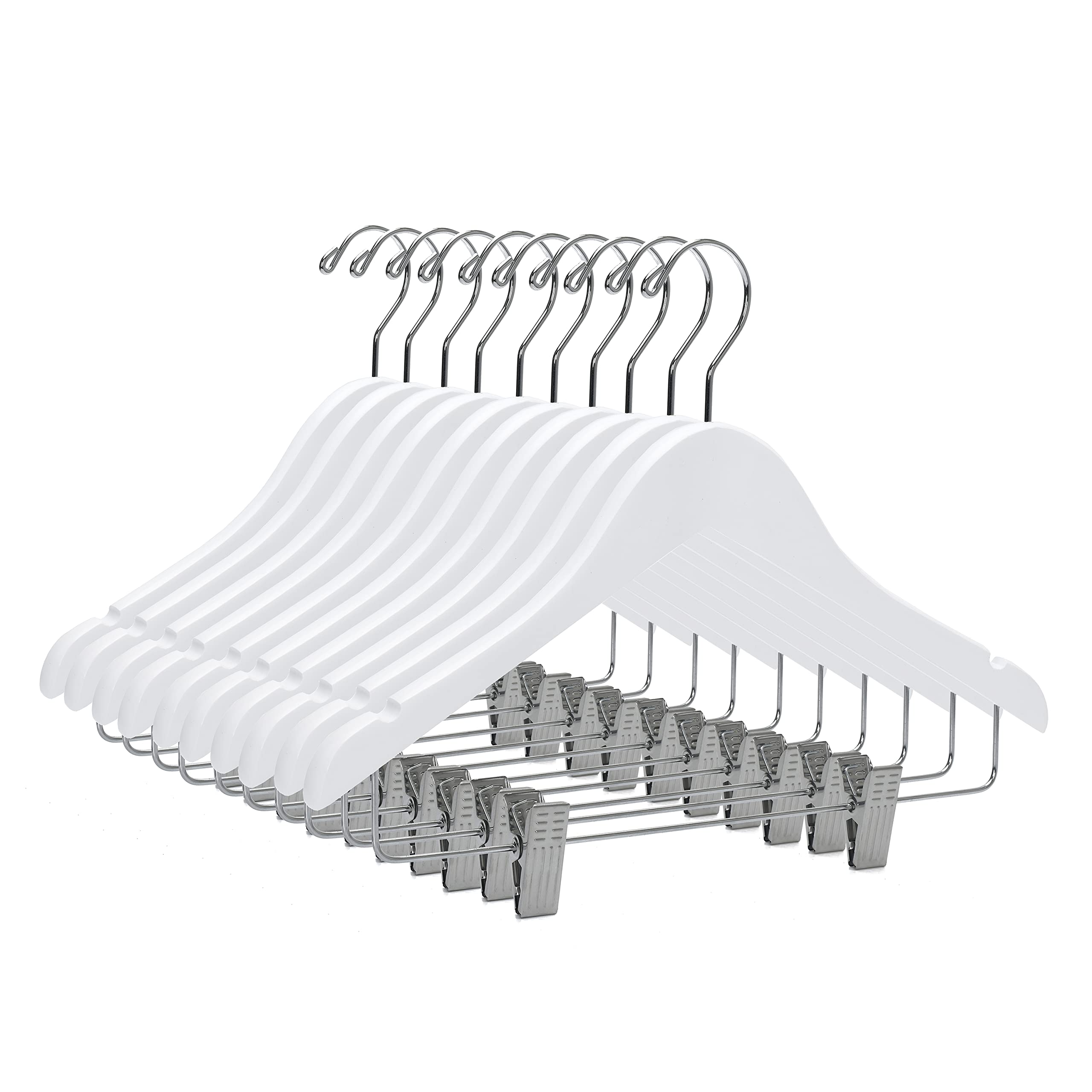 20 Pack Kids Skirt Hangers 14 Inches - Premium Wooden Clothes Hanger with Curved Shoulder, Swivel Chrome Hook & Adjustable Metallic Clips for Junior/Preteen/Youth | Non-Slip Notches, White | Perfect for Closet Organization, School Uniforms & Delicate Garments