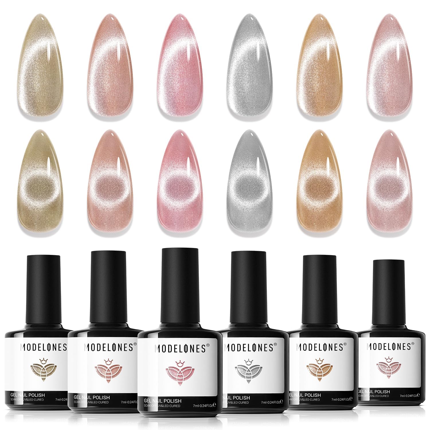 Modelones Cat Eye Gel Nail Polish Set - 6 Holographic Glitter Colors with Magnet, Sparkle Galaxy Series (Nude Pink) - Soak Off LED Gel Polish Kit for Nail Art, Manicure Salon & DIY Gifts - Perfect for Parties, Weddings, and Special Occasions