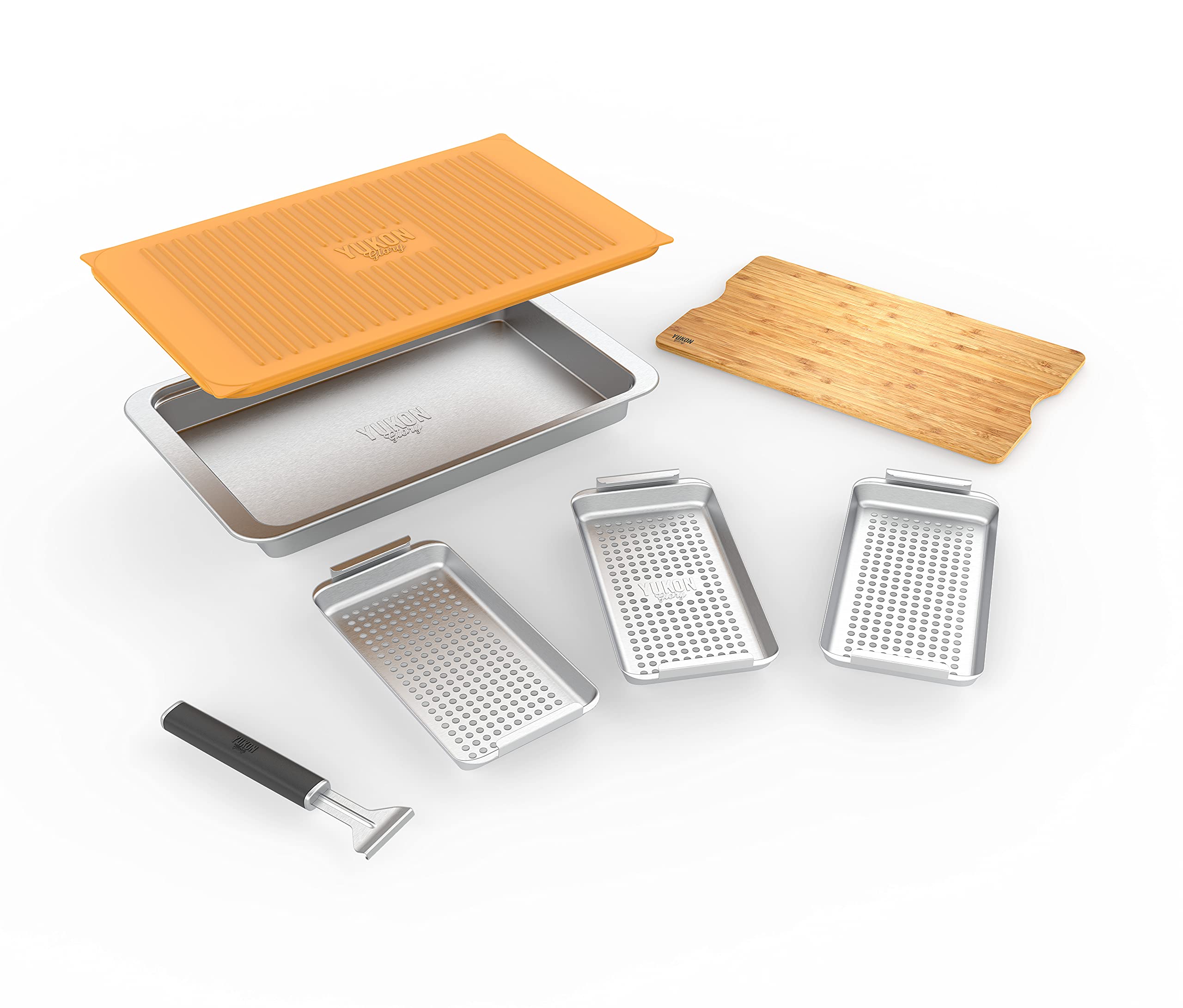 Yukon Glory™ Premium BBQ Grill Set - 3 Grill Baskets, Serving Tray, Bamboo Cutting Board with Plastic Lid & Clip-on Handle - Perfect for Outdoor Cooking, Camping, Backyard Parties & Picnics