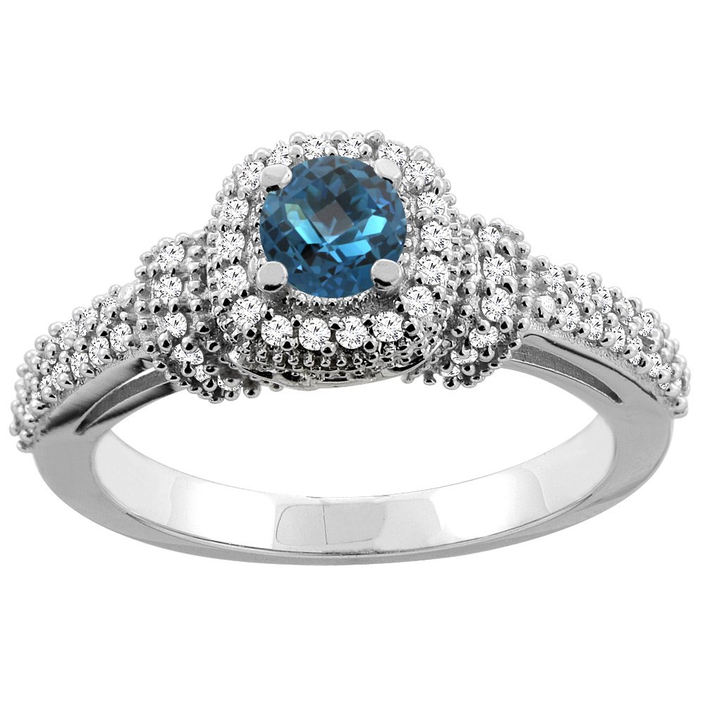 14K Gold London Blue Topaz Halo Engagement Ring with 5mm Round Diamond Accents - Size 5-10 - Perfect for Proposals, Anniversaries & Special Occasions