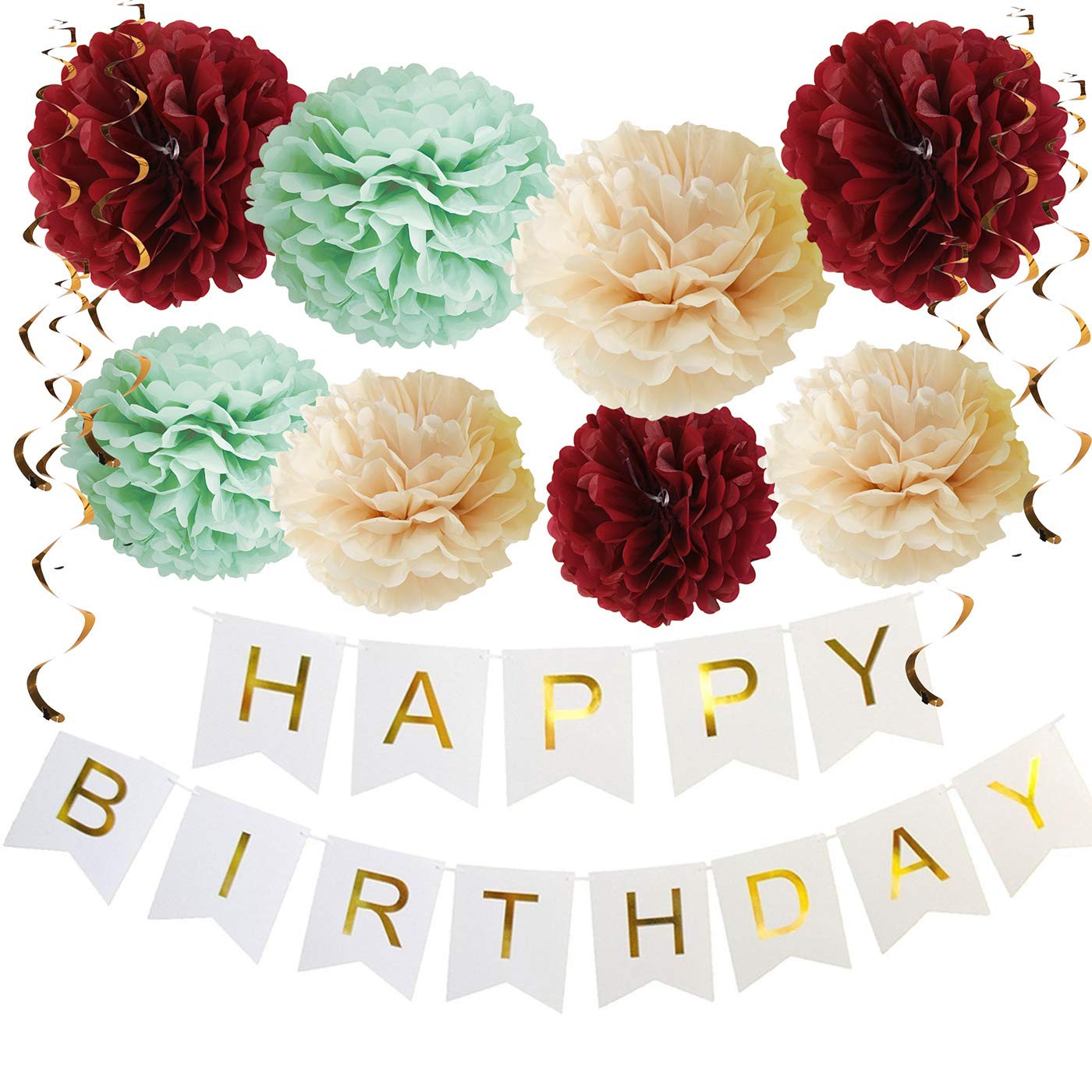 Elegant Mint Gold & Burgundy Champagne Birthday Party Decorations Set - Tissue Pom Poms & Happy Birthday Banner - Perfect for Adult Milestone Celebrations, Bridal Showers & Anniversary Parties