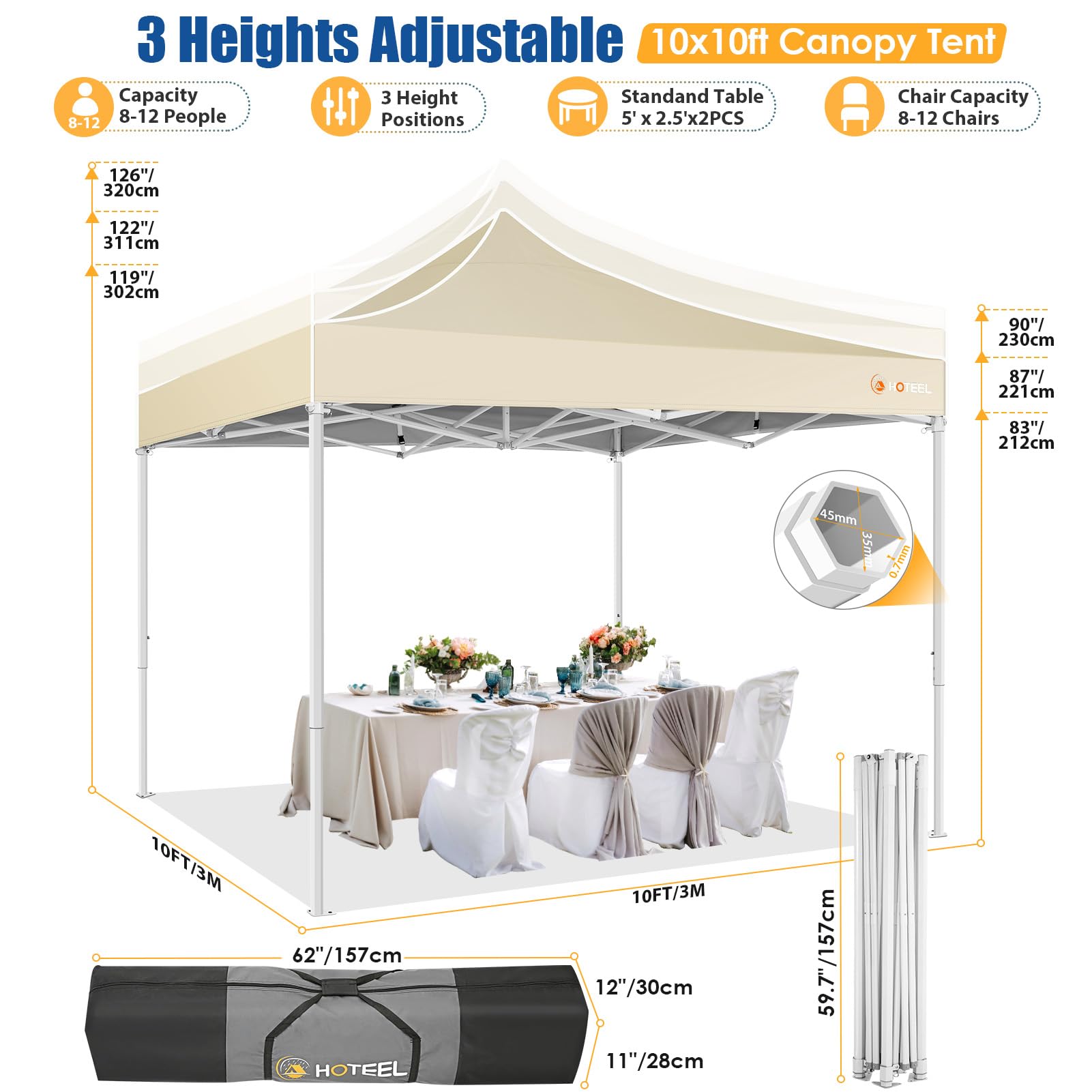 HOTEEL 10x10 Pop Up Canopy Tent - Heavy Duty Instant Gazebo with 4 Sidewalls & Sand Bags | Easy Setup Hexagonal Frame Commercial Tent for Outdoor Weddings, Parties, Events | Includes Portable Carry Bag (Khaki) - Perfect for Backyard Gatherings, Farmers Markets & Beach Outings
