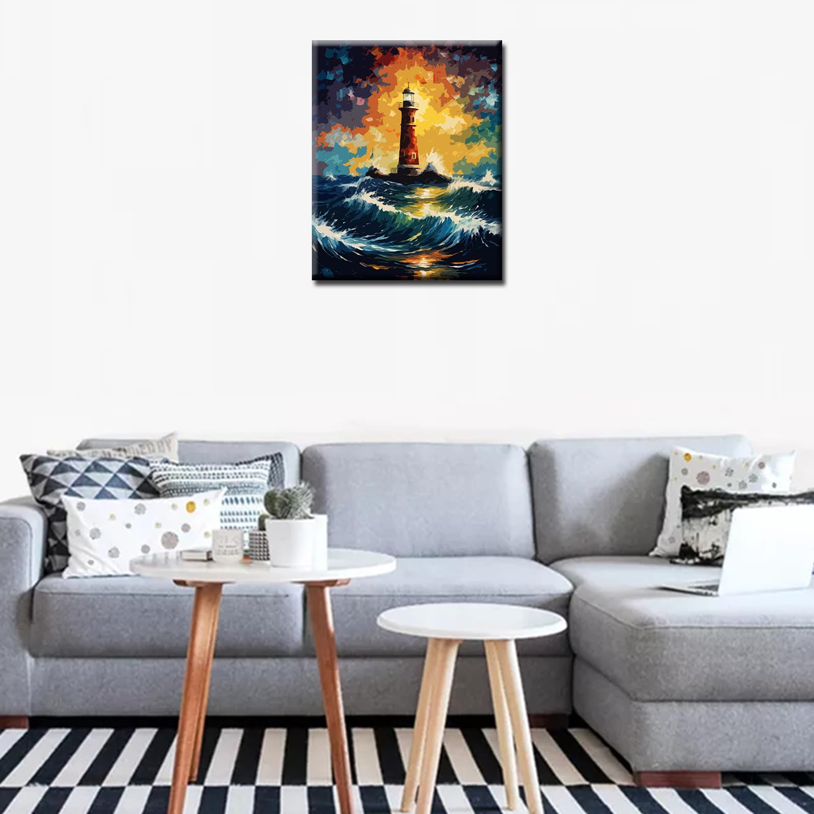 Tropical Sea Lighthouse Paint by Numbers Kit - Acrylic Oil Painting for Adults & Kids, DIY Abstract Wave Art with Brushes & Frame - Perfect for Living Room, Office, and Nordic Style Decor (Great Gift Idea for Art Lovers & Home Decoration)