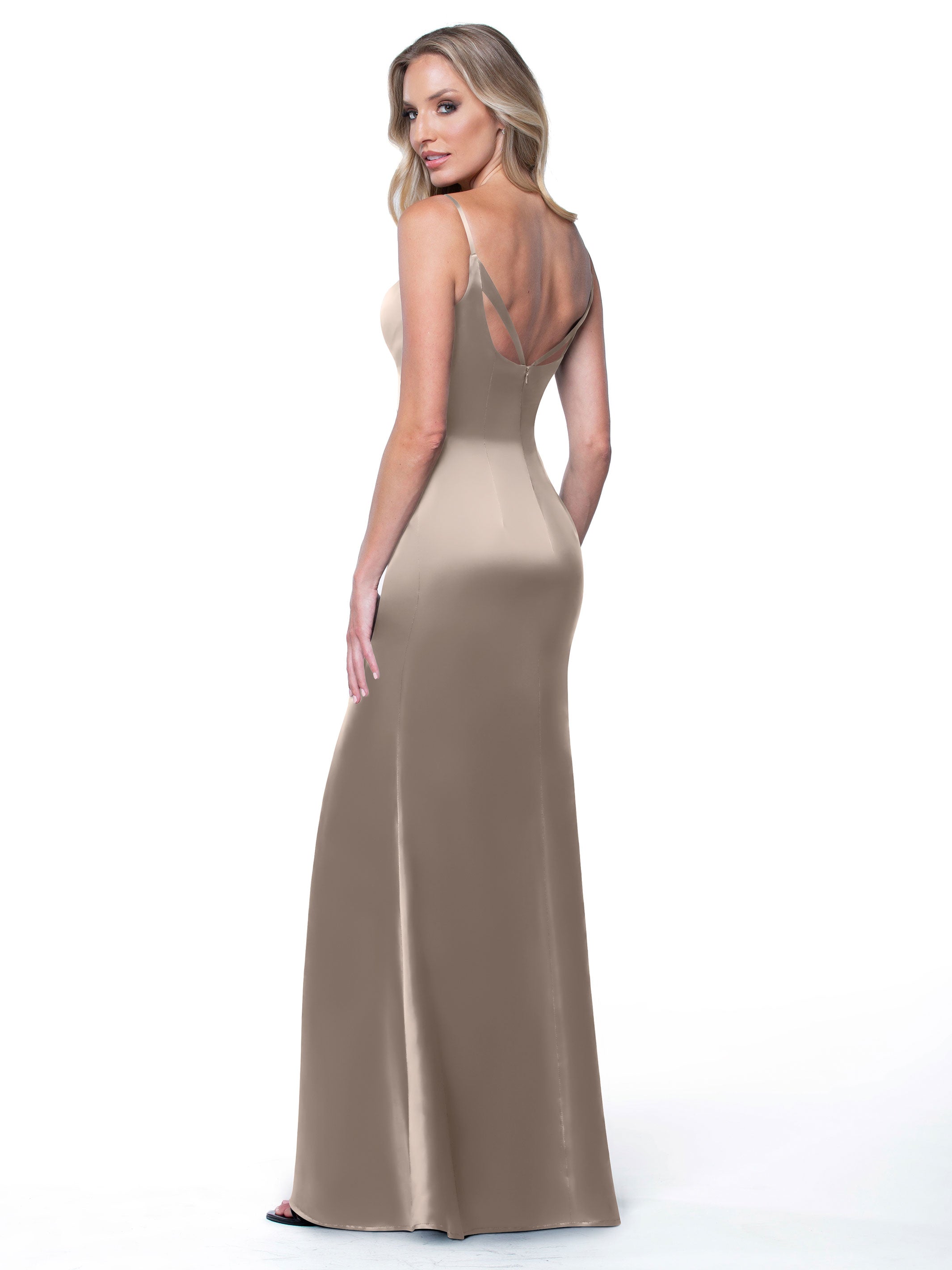 Elegant 80132 Fit and Flare Satin Bridesmaid Dress with Thigh High Slit - Perfect for Weddings, Proms, and Formal Events