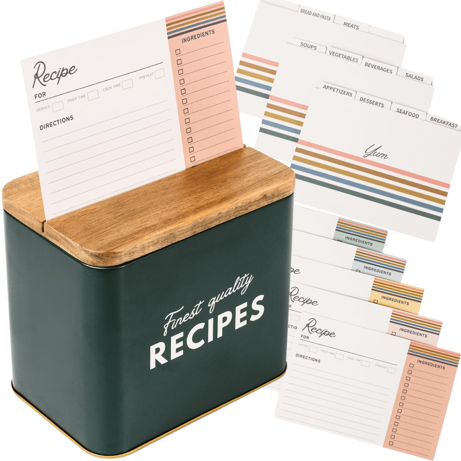 Vintage Acacia Wood Recipe Box with 50 Cards & 12 Dividers - Boho Style Recipe Organizer with Handwritten Lettering - Perfect for Kitchen Storage, Meal Planning & Gift Giving