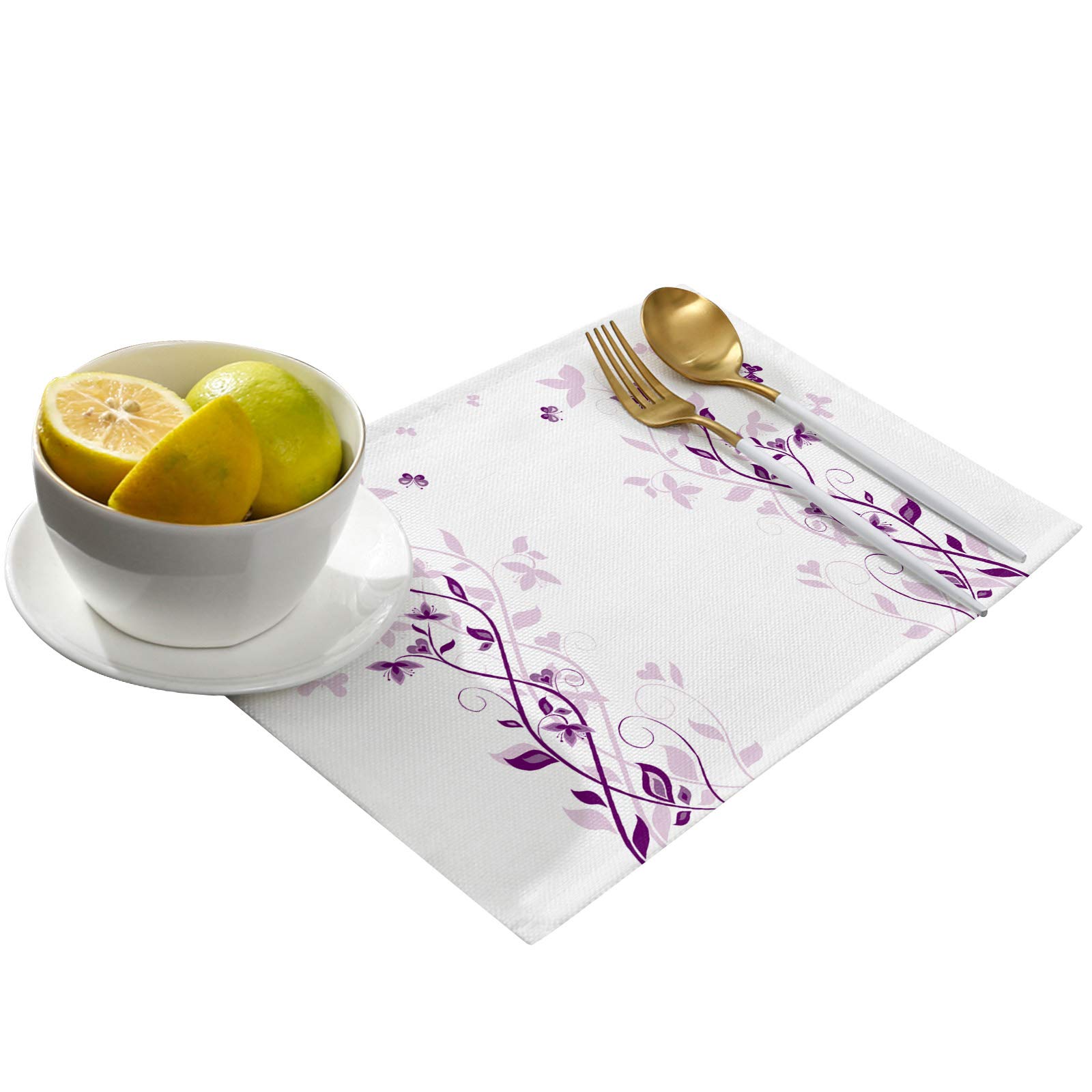 4-Pack Nature Violet Flower Butterfly Insect Cotton Linen Placemats - Heat Resistant, Non-Slip & Washable Table Mats for Dining Table, Kitchen Decor, Holiday Banquets & Everyday Use