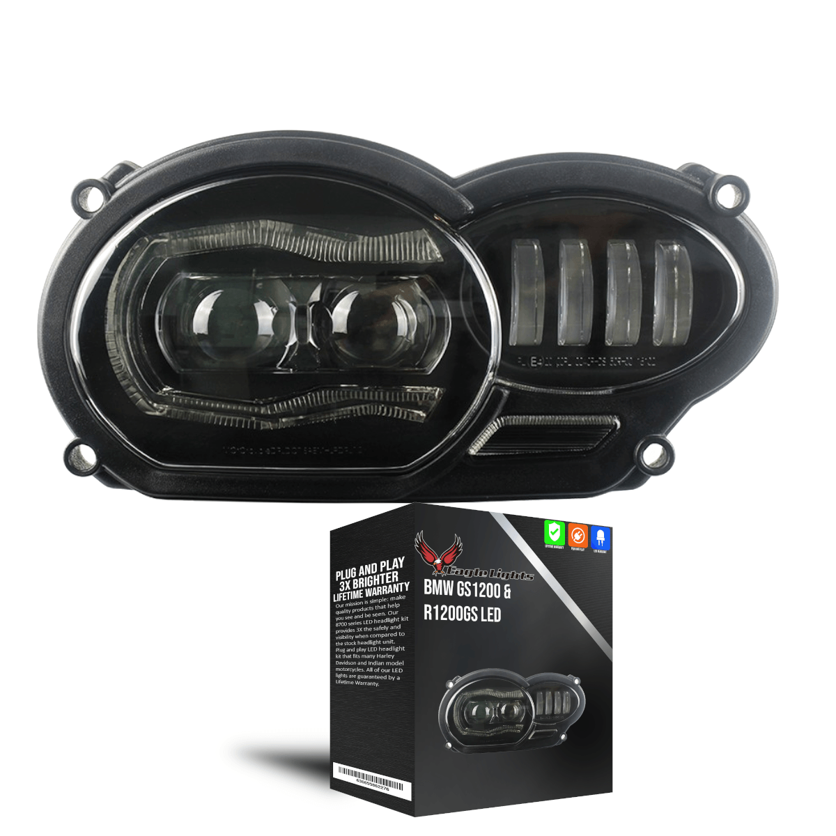 Eagle Lights LED Headlight Kit with Halo Ring for 2006-2012 BMW R1200GS Motorcycle - High Visibility & Style Upgrade for Night Riding & Adventure Tours