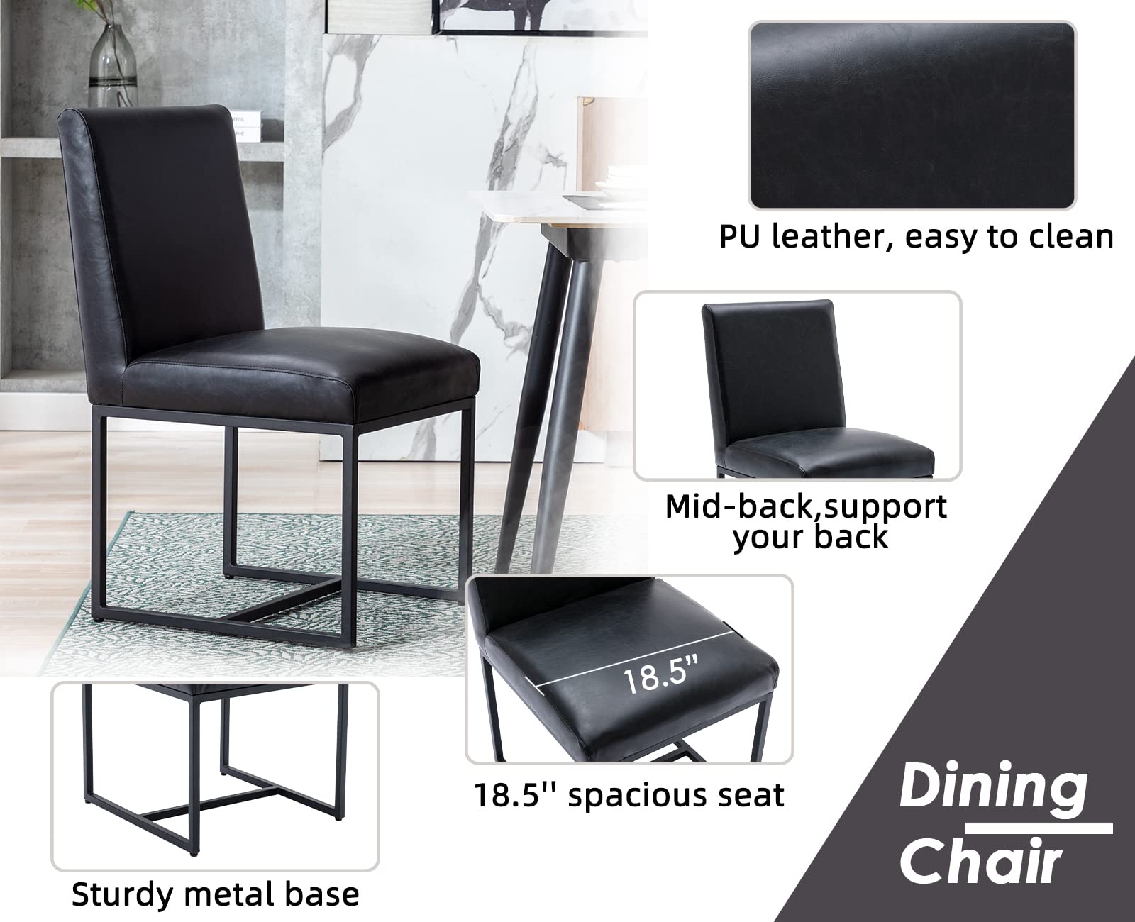 Premium CIMOTA Black Leather Dining Chairs Set of 2 - Modern Upholstered Armless Side Chairs with Sturdy Black Metal Base for Dining Room, Kitchen, Restaurant & Office - Perfect for Home Decor & Guest Seating (2-Piece Set)