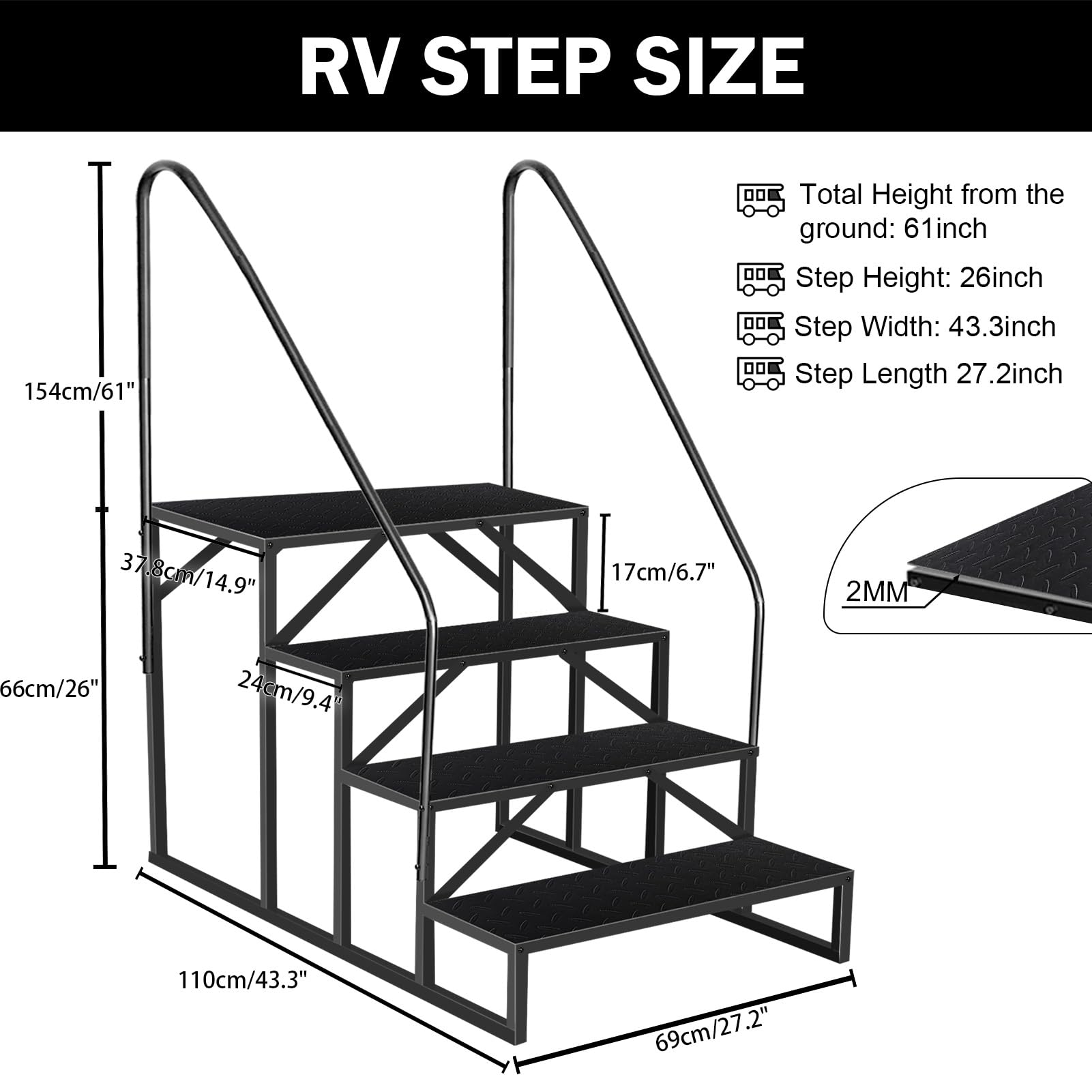 RV Steps with Handrails - 4 Step RV Stairs 660 lbs Capacity, Anti-Slip Ladder for Travel Trailers & Mobile Homes (Black) | Durable Outdoor Steps for Camping, Road Trips & RV Living