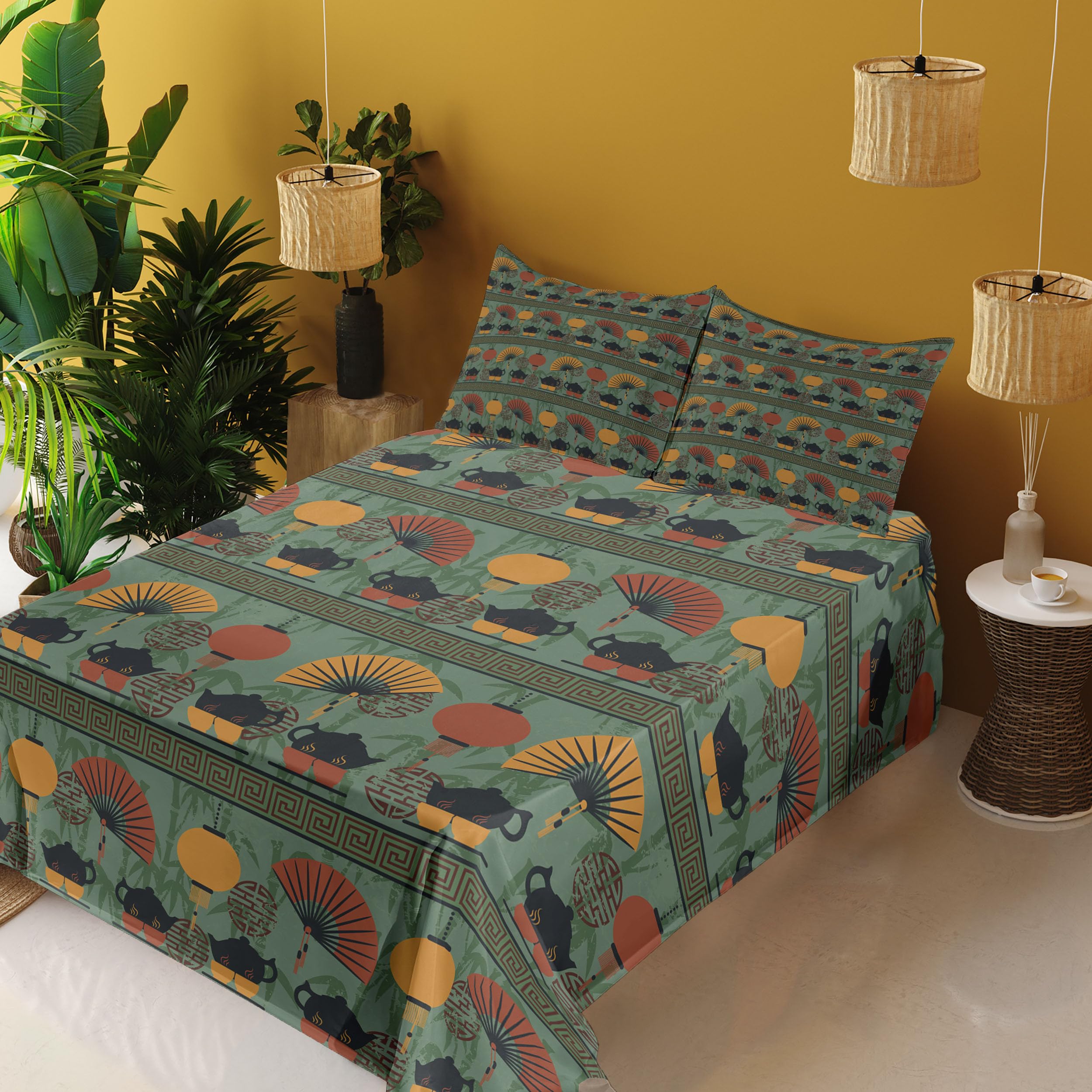 Ambesonne Tea Party 4-Piece Sheet Set - Traditional Chinese Teapots & Ornamental Branch Print King Size Bedding Set in Reseda Green & Marigold | Perfect for Asian-Themed Bedrooms, Tea Lovers & Cultural Home Decor