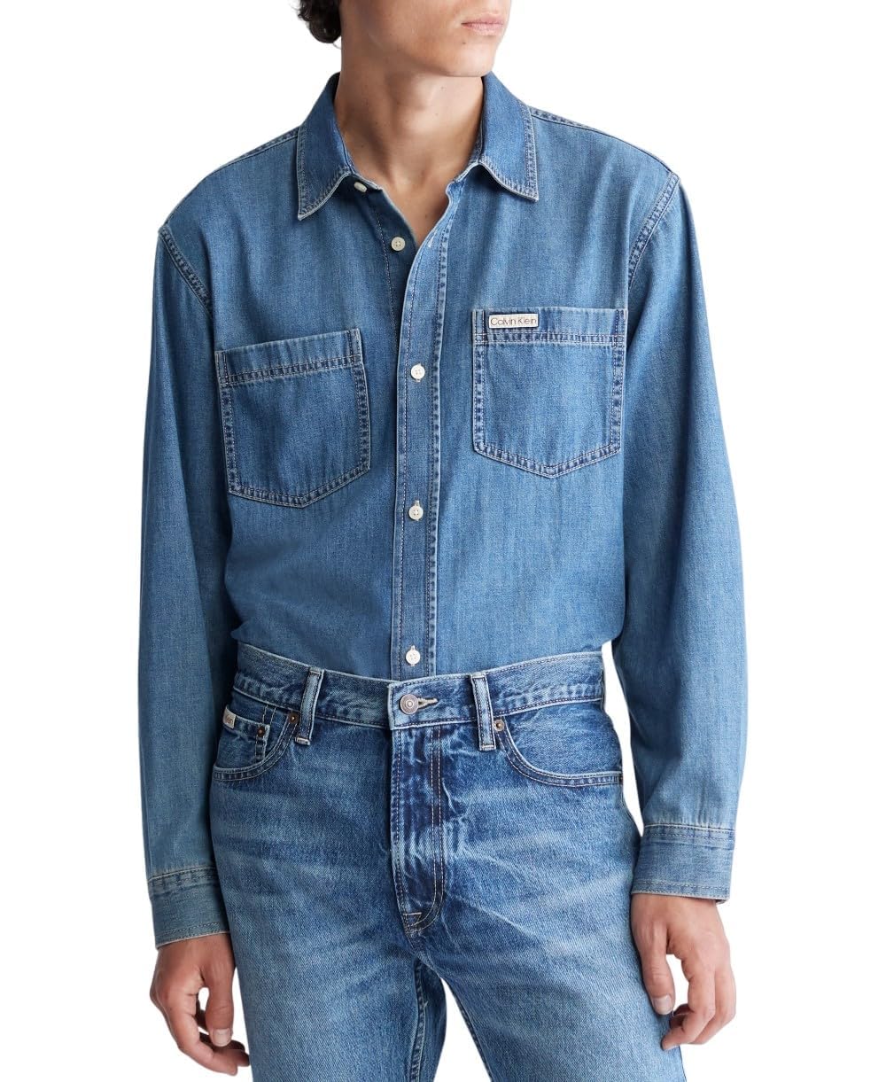 Calvin Klein Men's Classic Denim Long Sleeve Shirt for Casual Wear & Office Style | Slim Fit Button Down Shirt for Men | Perfect for Date Night, Work & Everyday Outfits